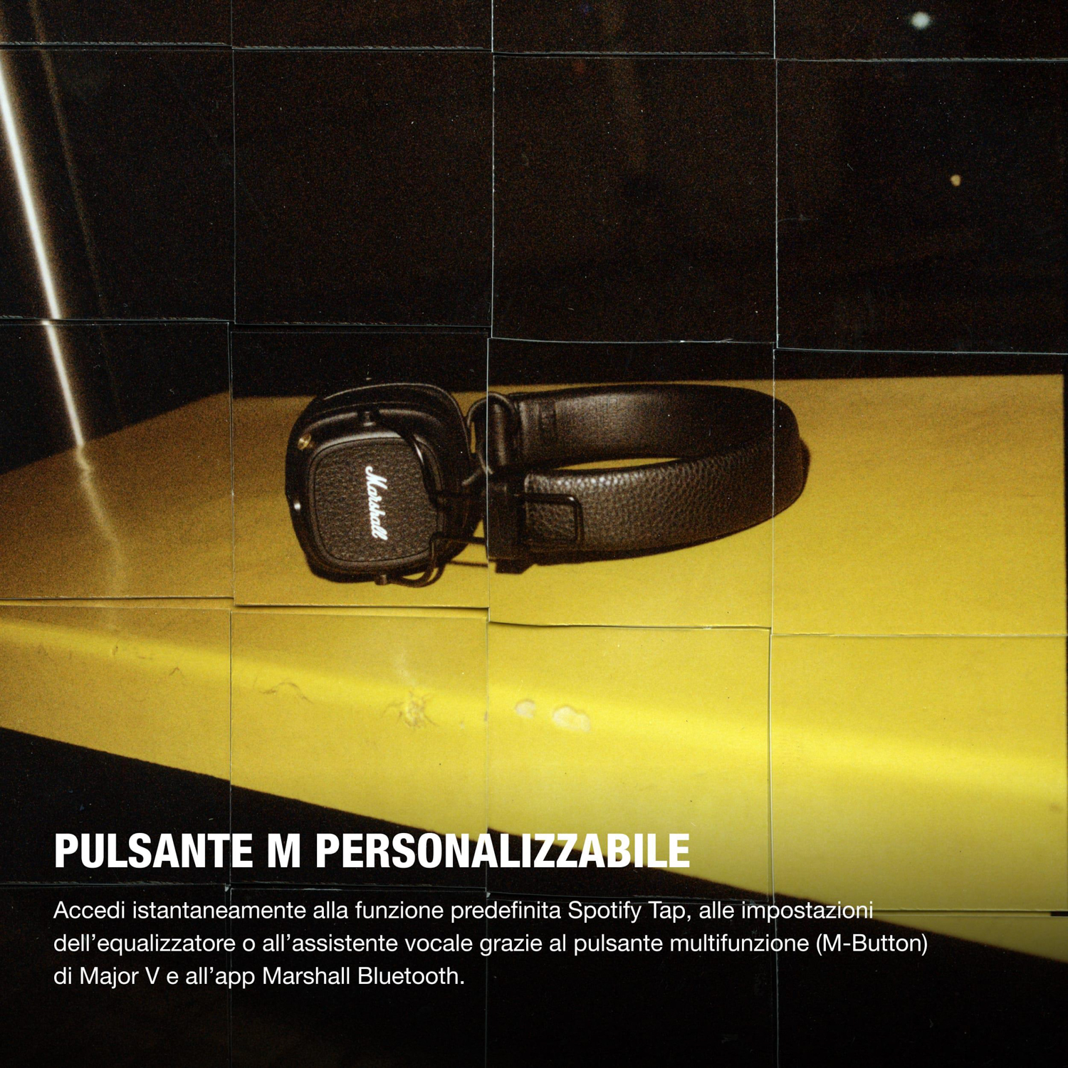 Cuffie Marshall nere su sfondo giallo con testo sul pulsante M.