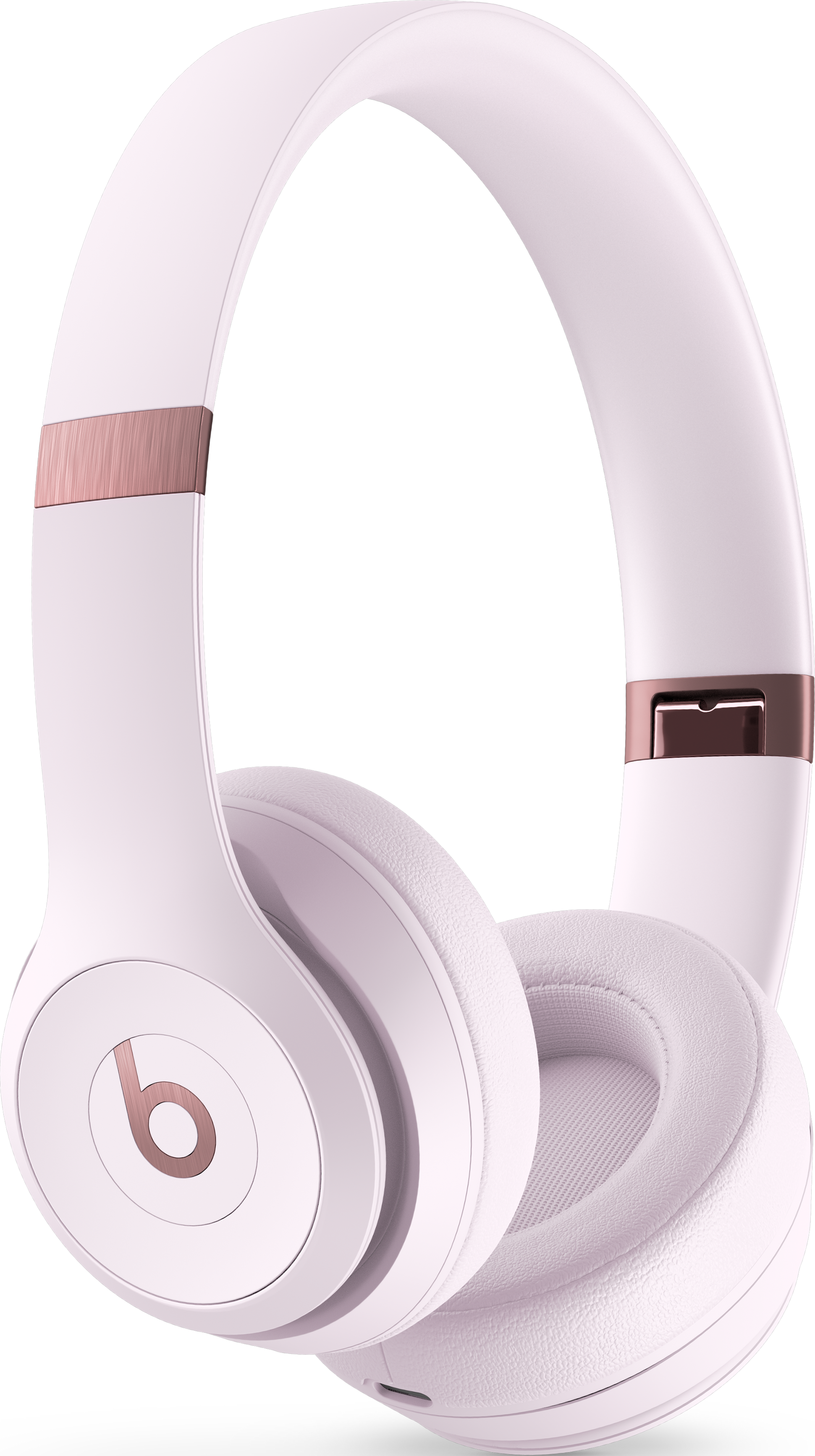 Casque blanc avec accents or rose, fond noir.