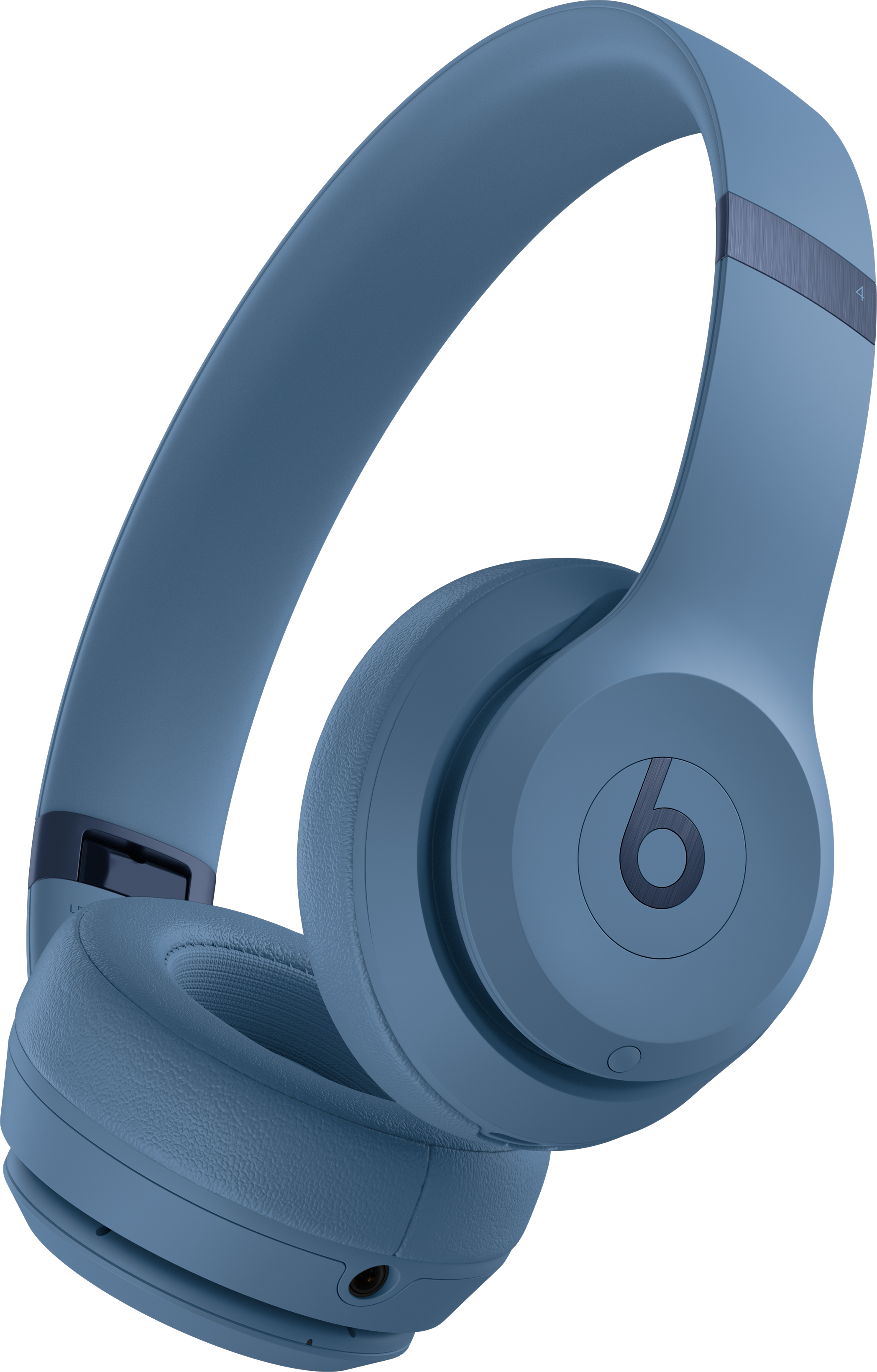 Casque Beats bleu sur fond noir, vue en angle.