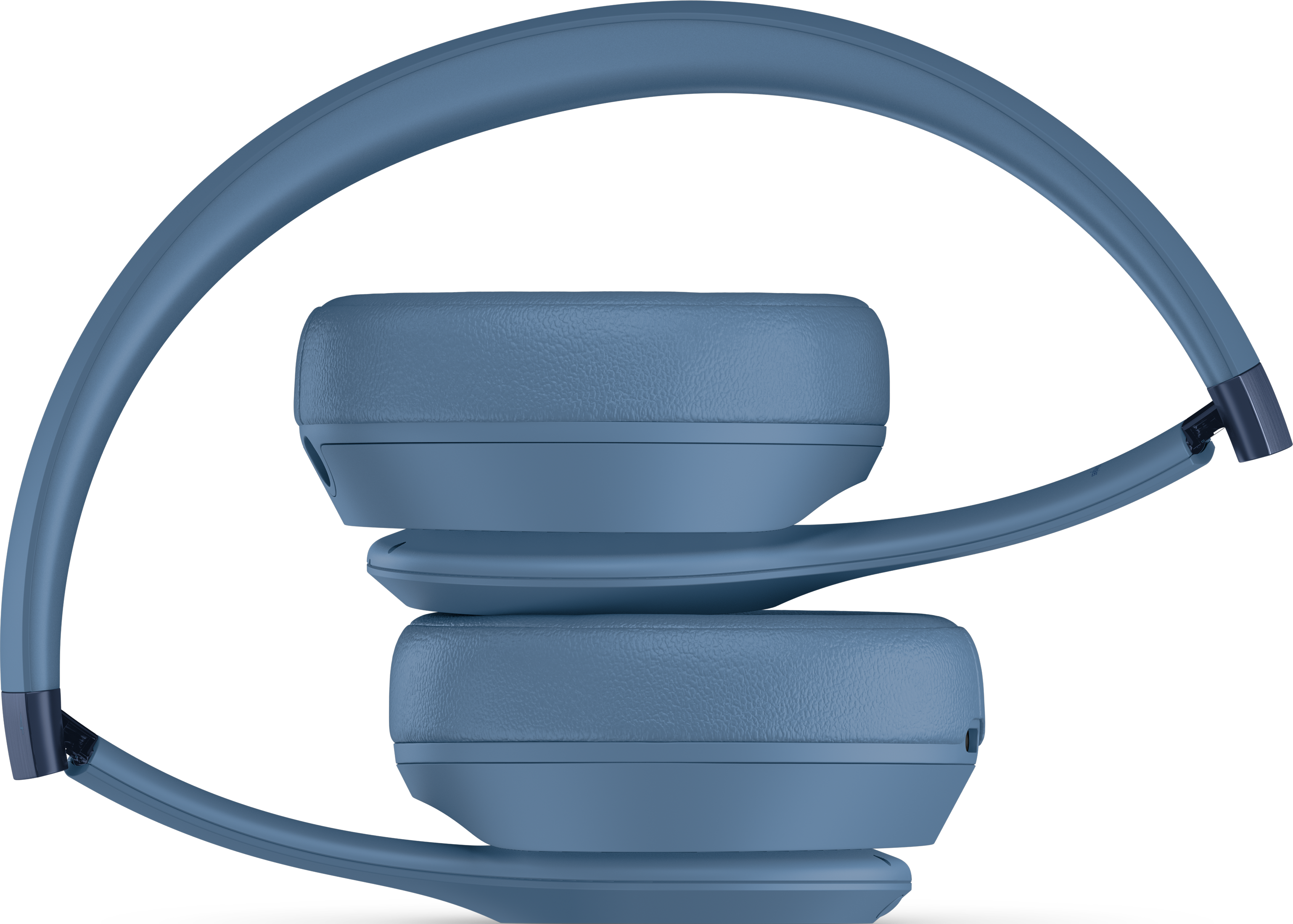 Casque bleu plié, vue latérale, montrant les oreillettes et le bandeau.