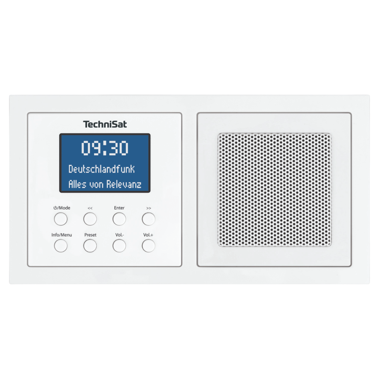 Witte TechniSat radio met een scherm met tijd- en zenderinformatie.