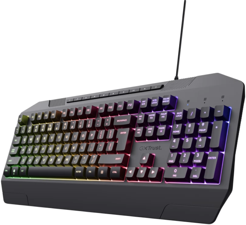 RGB világítású gamer billentyűzet. Fekete szín, szivárványos fényű gombok, szögletes nézet.