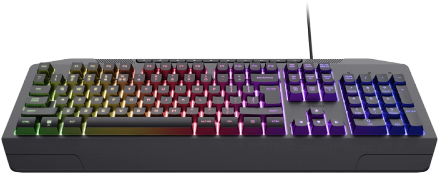 RGB billentyűzet világító gombokkal. A TRUST márkanév a bal felső sarokban.