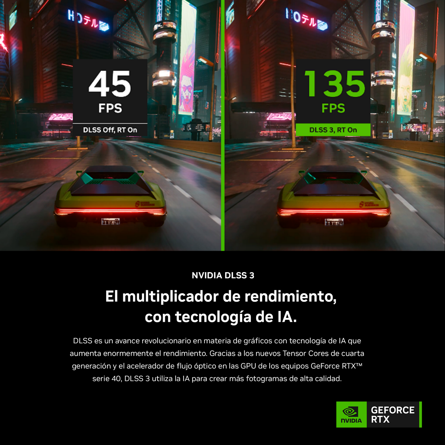 Dos coches en una carretera, uno con 45 FPS, otro con 135 FPS, mostrando DLSS 3.