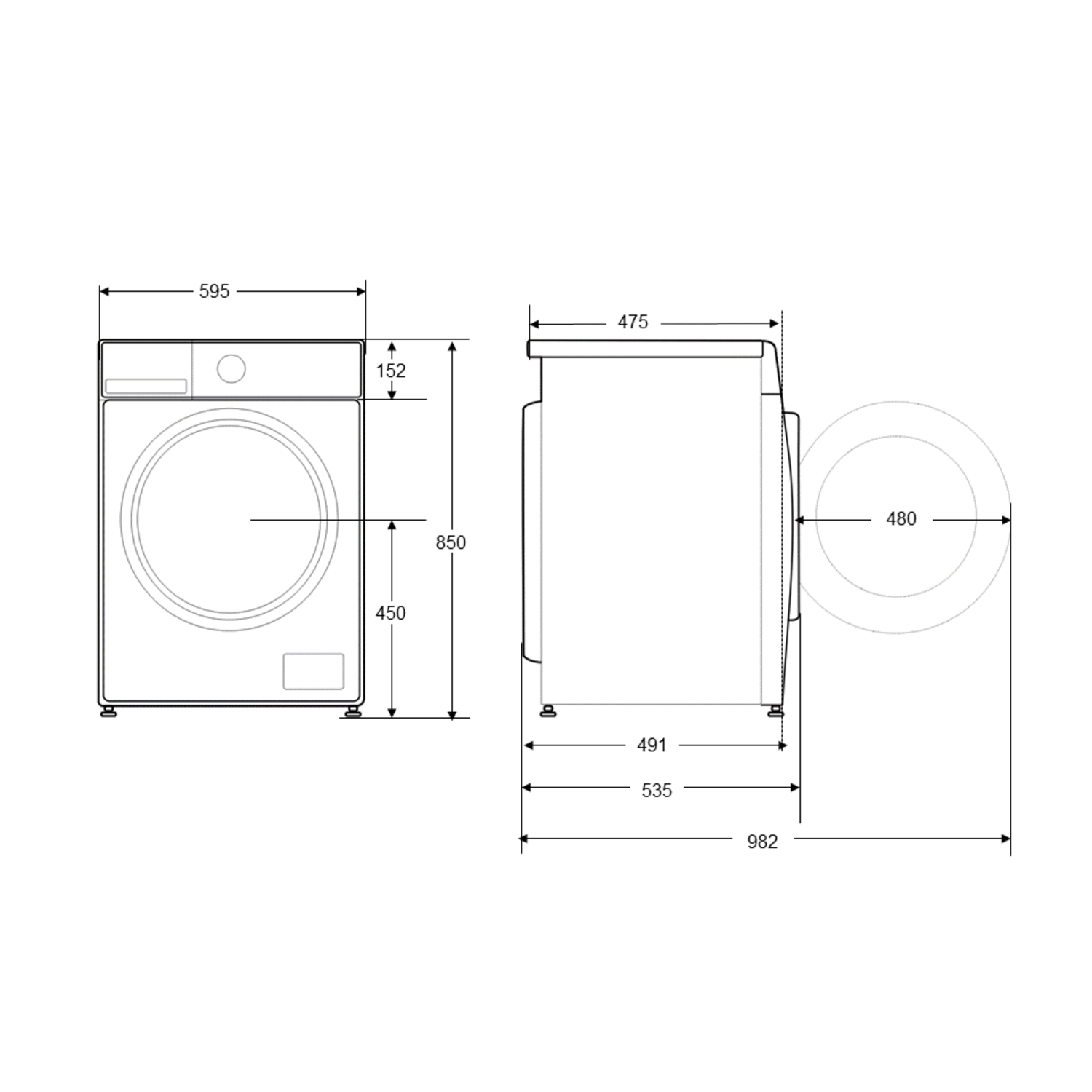 Line drawing of a washing machine with dimensions. The view is from the front and the side.