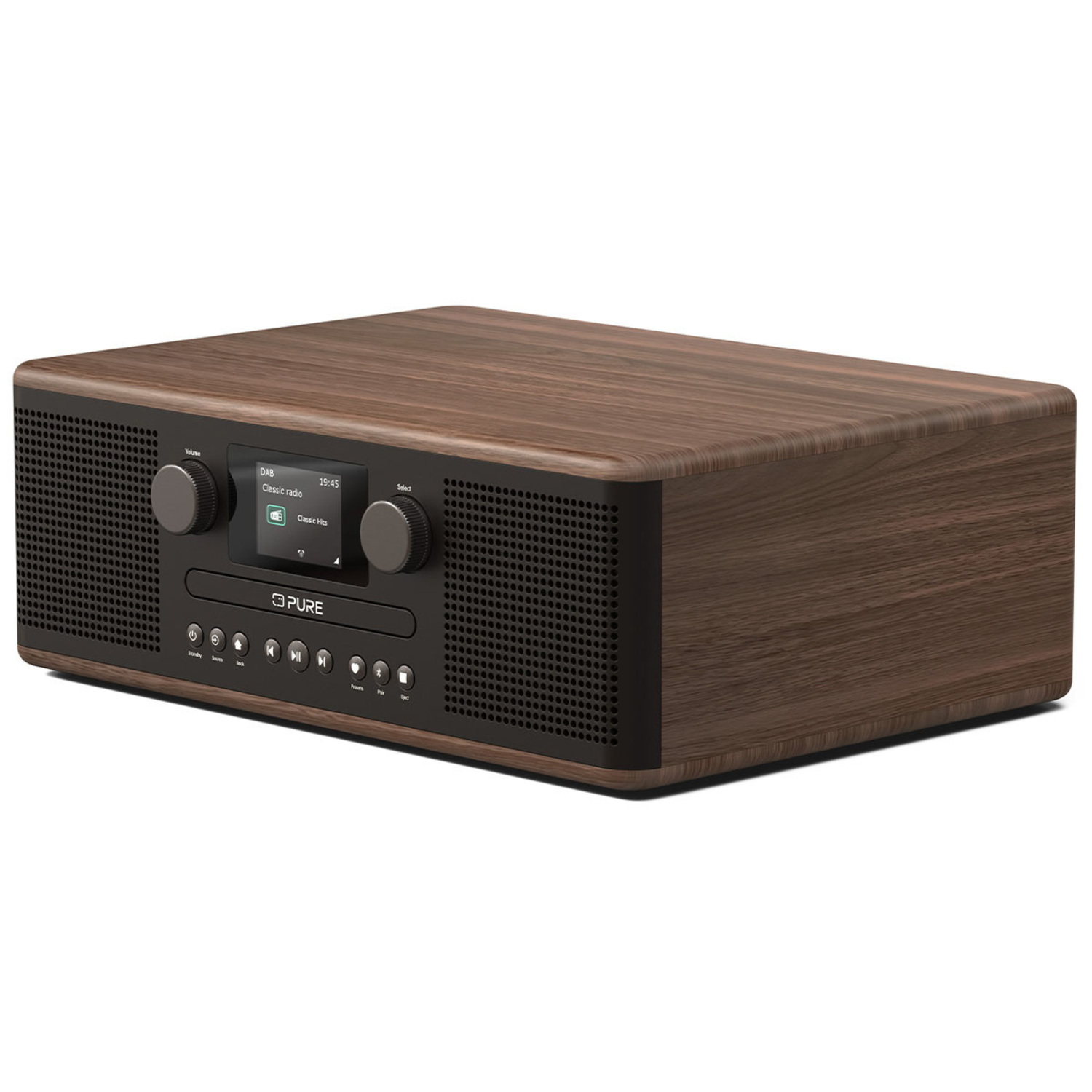 Wooden radio with a display, buttons, and knobs. The brand name is Pure.
