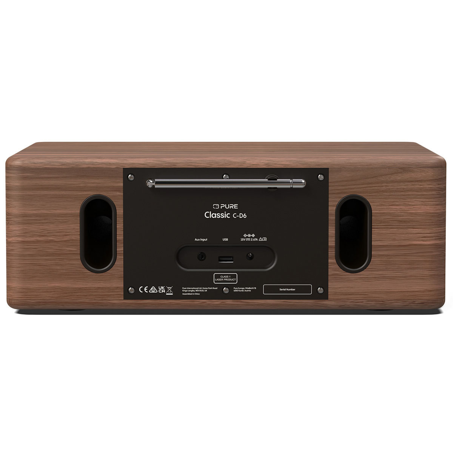 Back of a wooden radio. It has multiple holes on the sides. Has AUX, USB ports and an antenna.