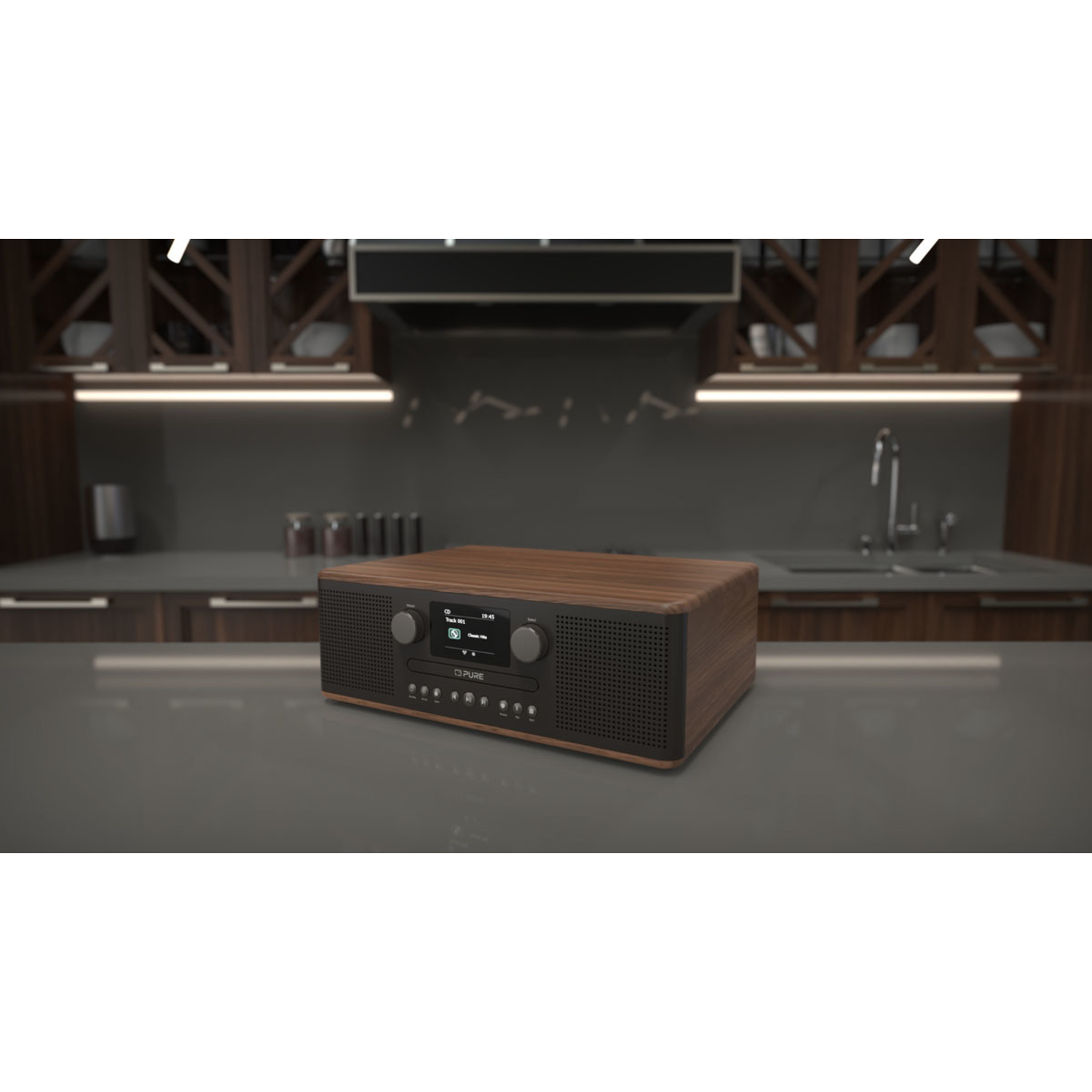 A wooden radio on a countertop in a kitchen with cabinets and a sink in the background.