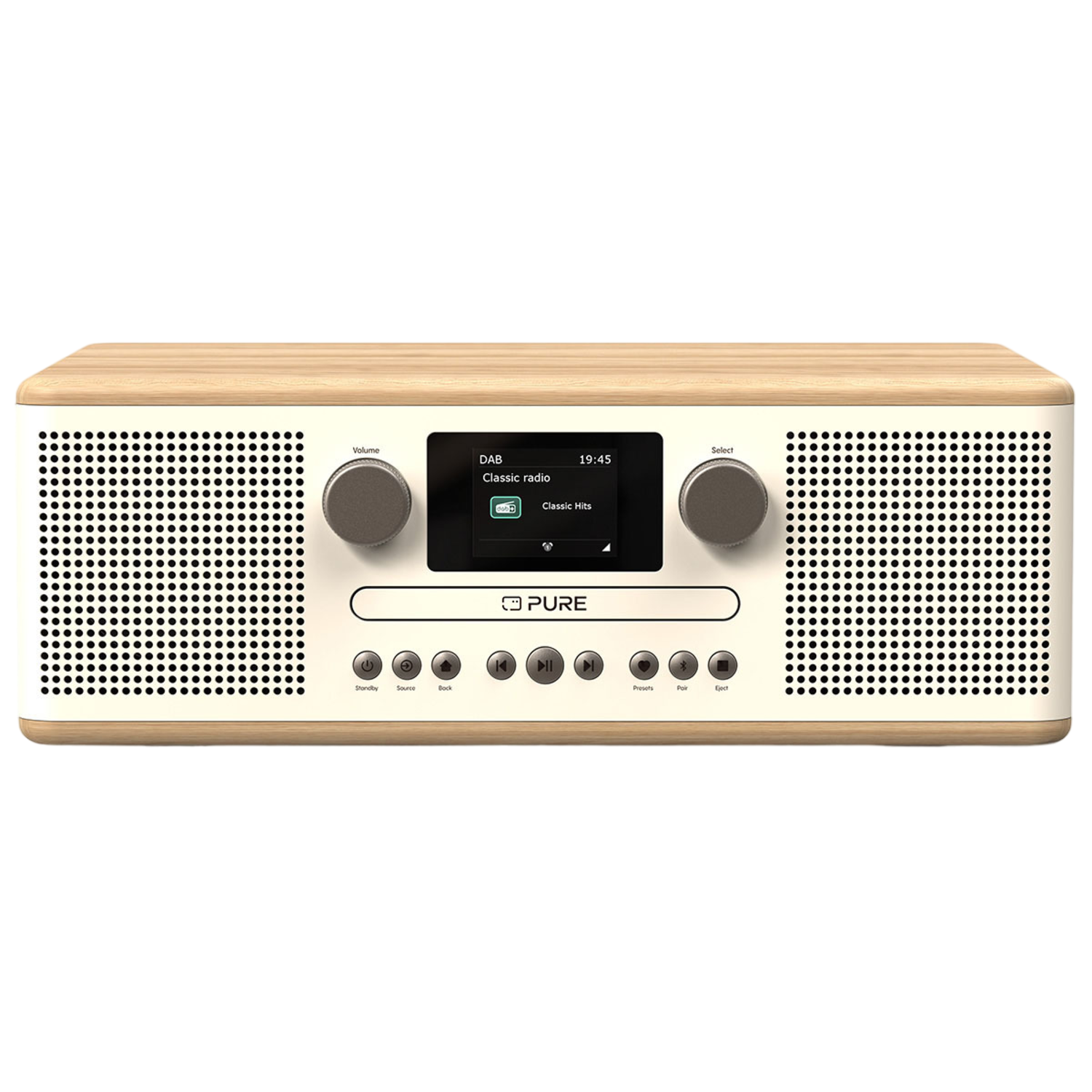 Pure radio. Houten afwerking, zwart scherm en knoppen. Geeft tijd en radio-info weer.