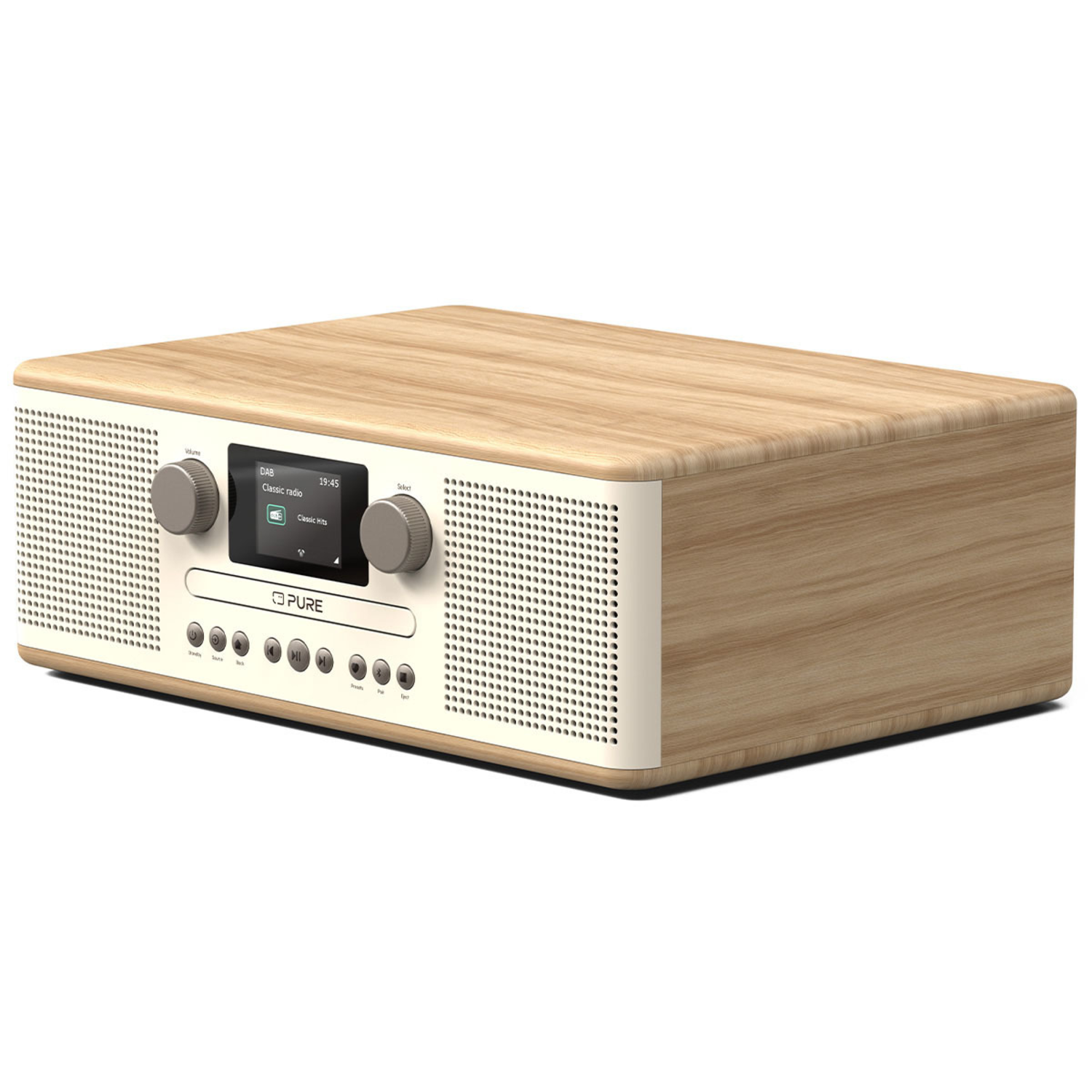 Houten radio met wit voorpaneel. Heeft een display, knoppen en knoppen. Vooraanzicht.