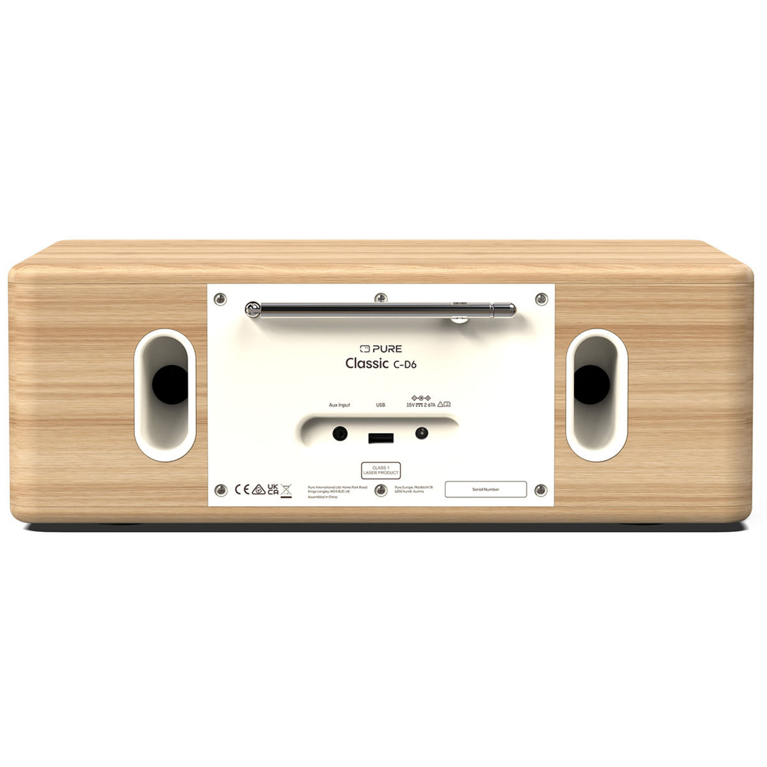 Pure Classic C-D6 radio, achteraanzicht, met USB-poort, aux-ingang, antenne en andere poorten.