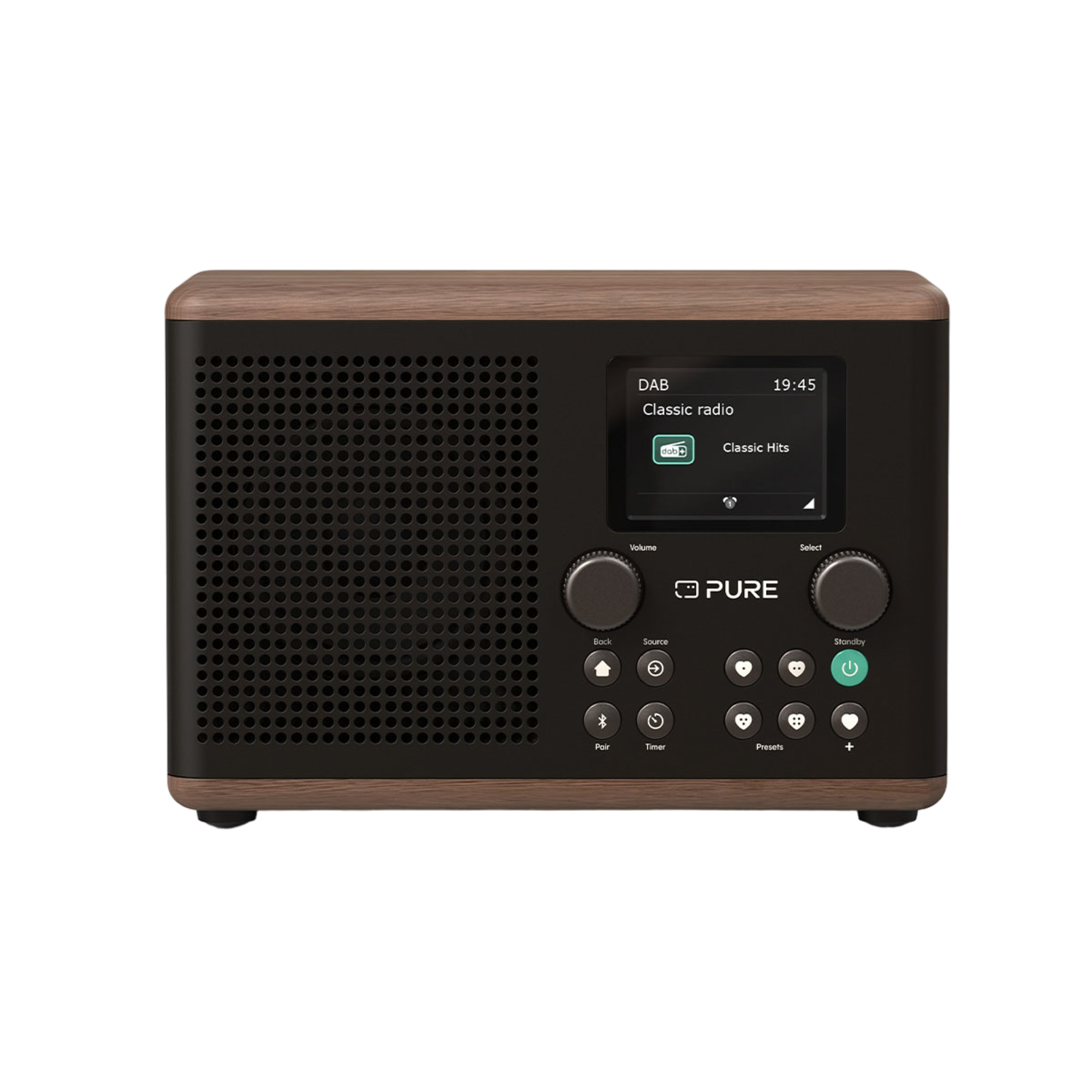 Radio PURE noire et marron. Avec écran et boutons pour volume, source et syntonisation.
