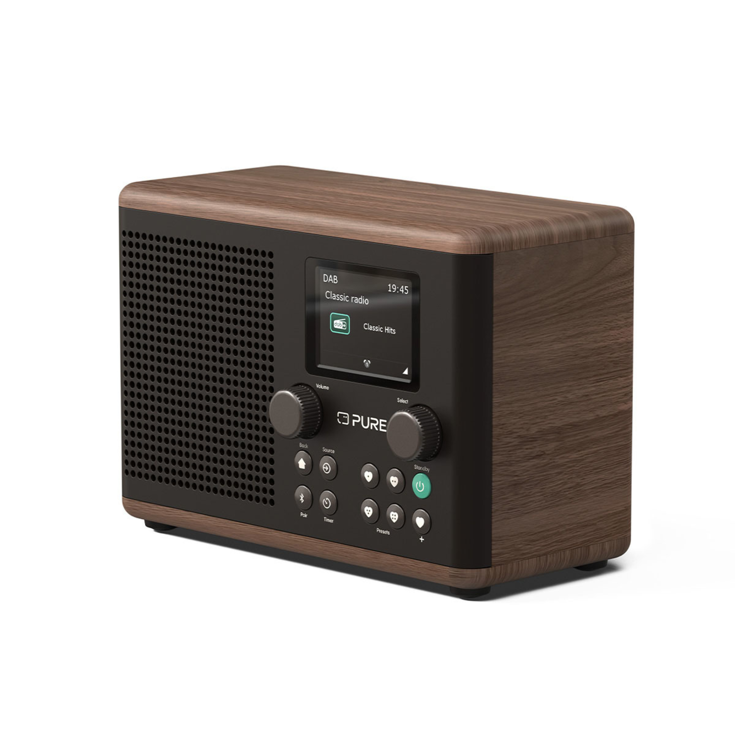 Une radio marron et noire avec un écran affichant l'heure et les infos radio.