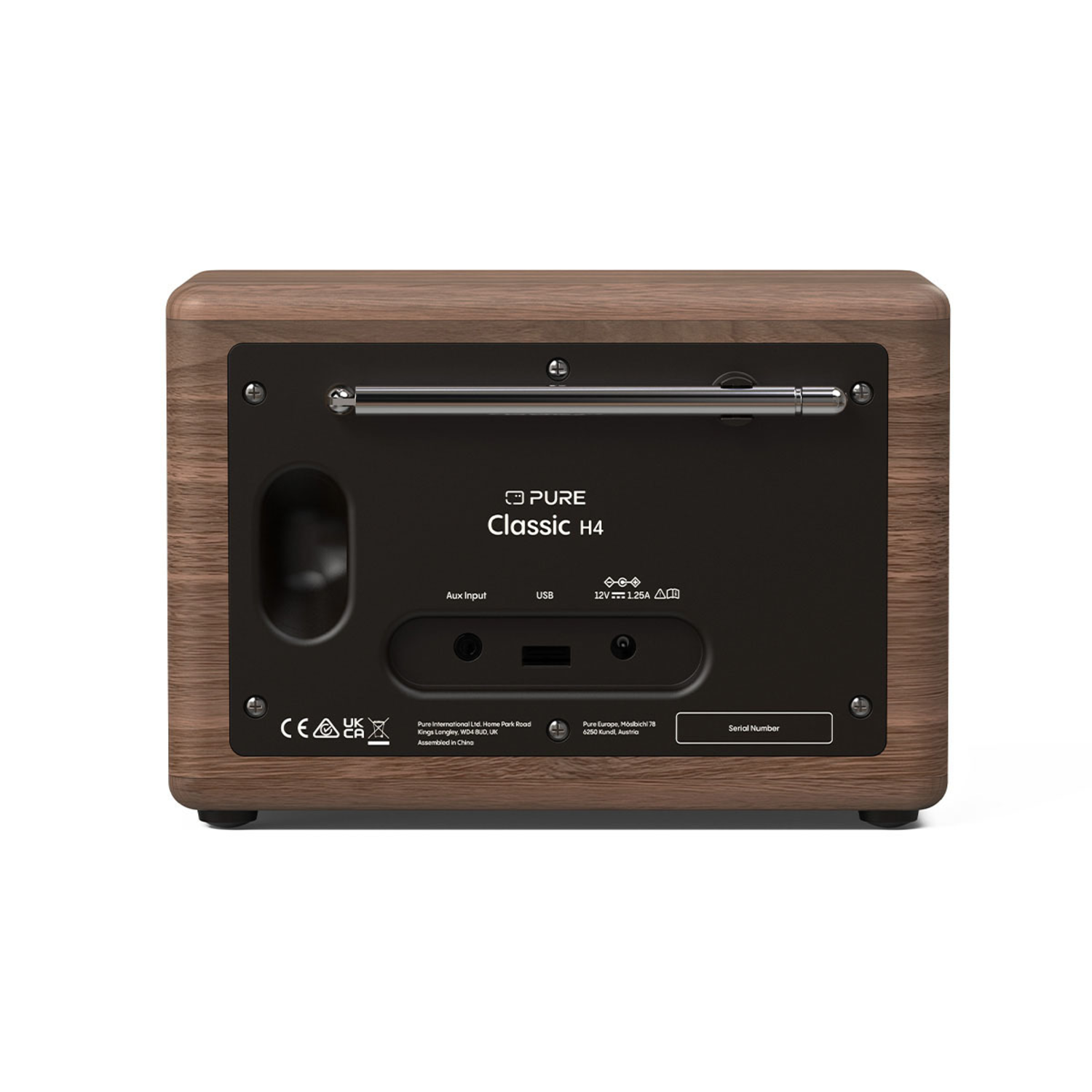 Vue arrière d'une radio Pure Classic H4 en bois marron avec panneau de commande et antenne.