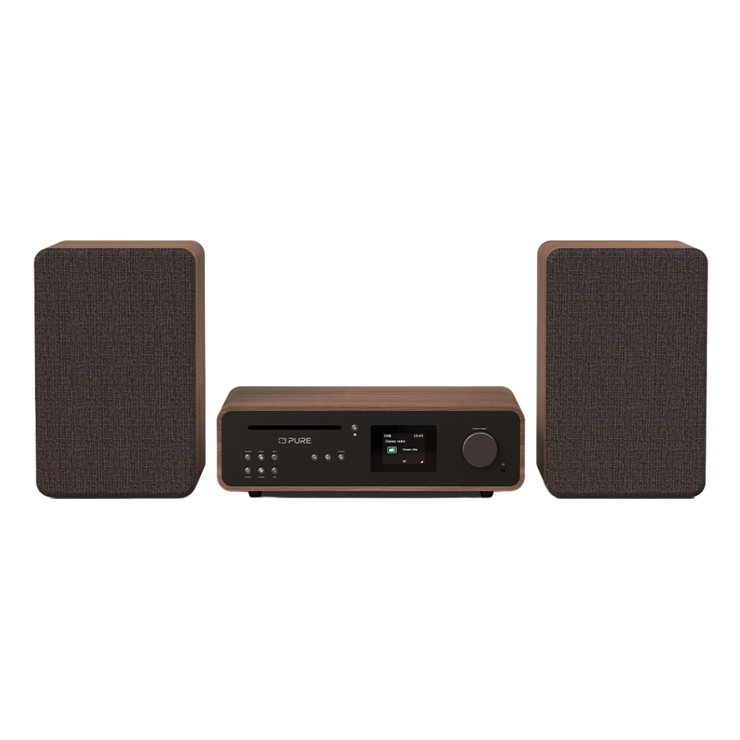 Stereo system with speakers, a main unit, and two speakers in a dark room.