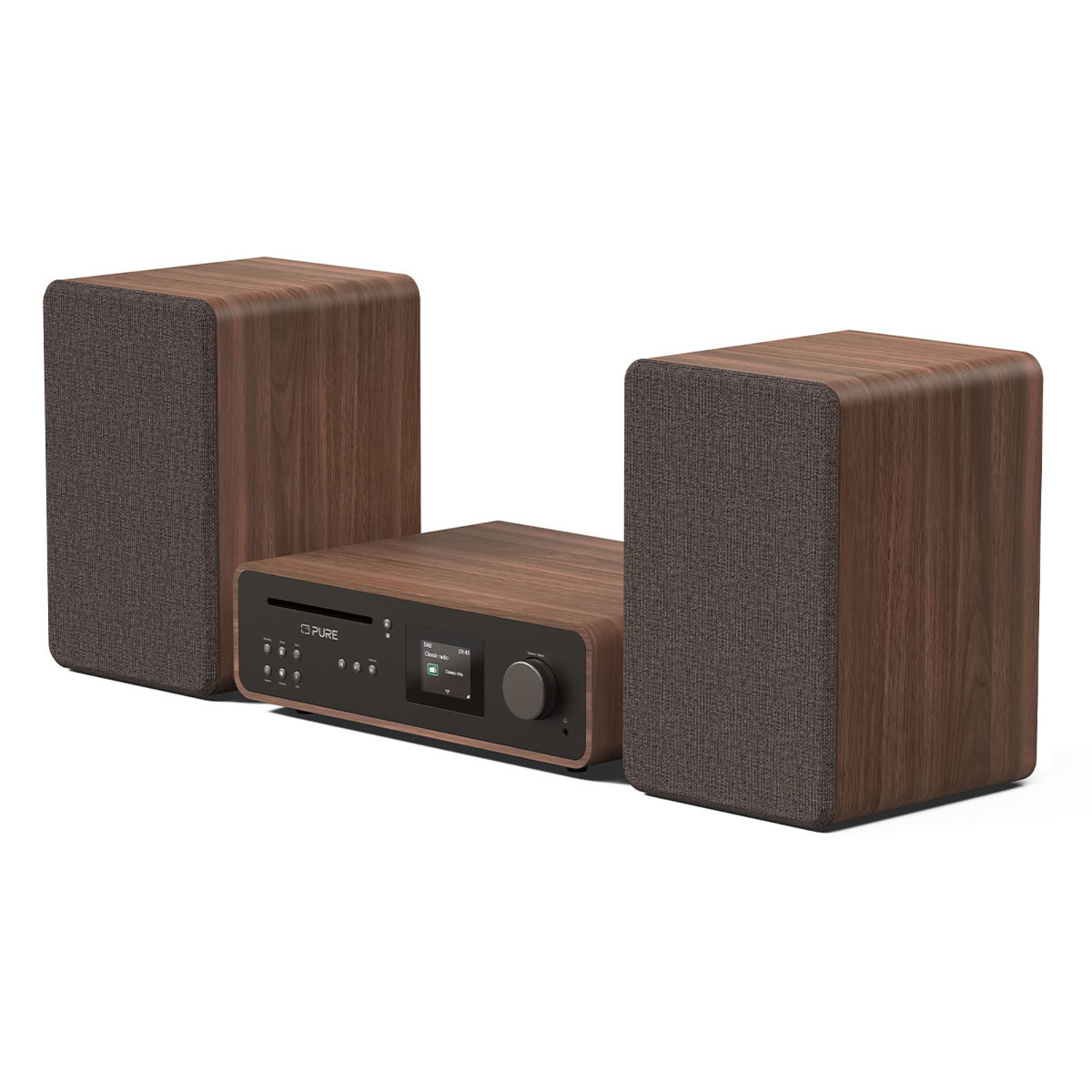 A stereo music system with two speakers and a central unit. The system is on a white background.