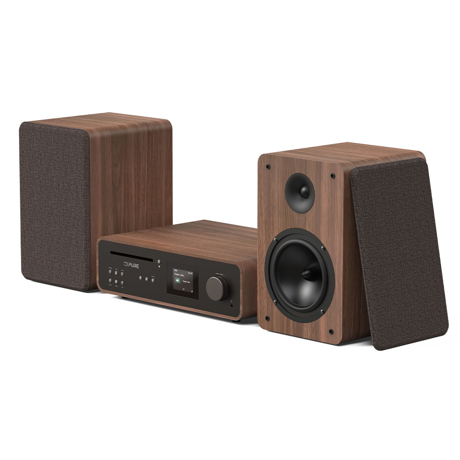 A wooden stereo system is displayed, including a receiver, a subwoofer, and two speakers. All on white background.