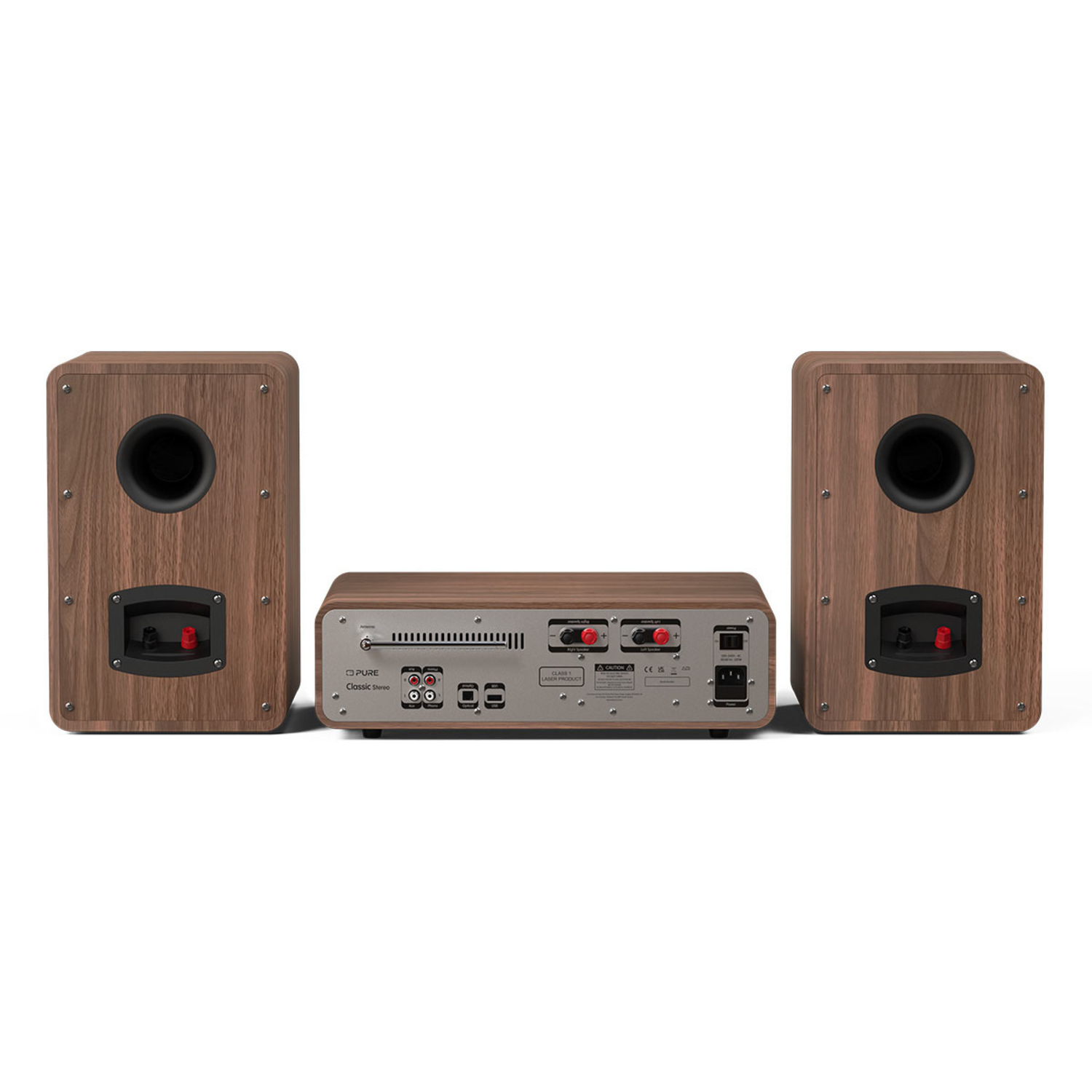 Stereo system with a receiver and two speakers on a white background.