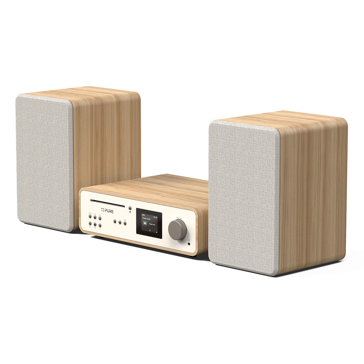 Pure radio and speakers. Wood finish, stereo system with two speakers and the radio unit.
