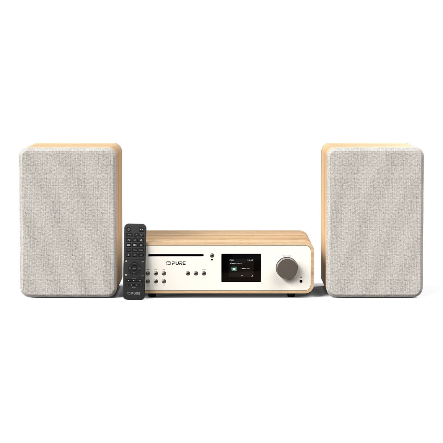 A white stereo set with two speakers and a remote control.