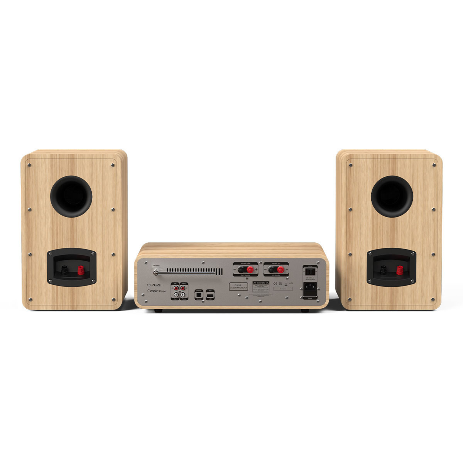 Wooden speakers and amplifier set. Two speakers on the sides, amplifier in the middle.