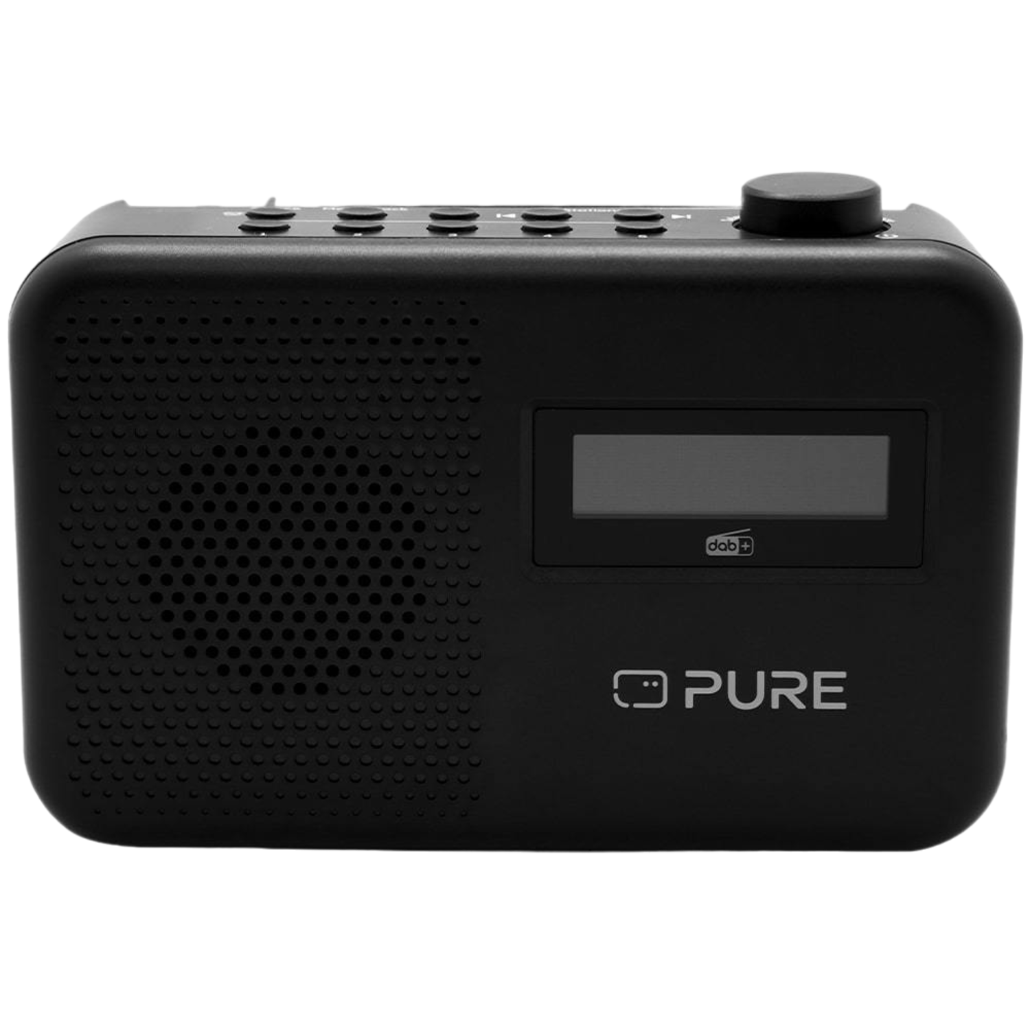 Black Pure DAB+ radio. Rectangular shape, speaker, display, and control buttons.  Pure logo visible.