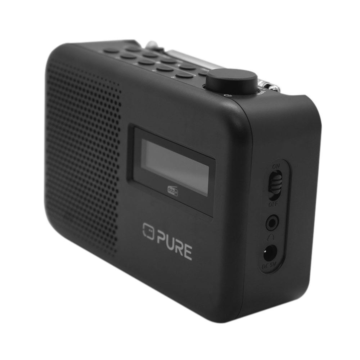 Black radio, Pure brand, with buttons and display. Angle shot, white background.