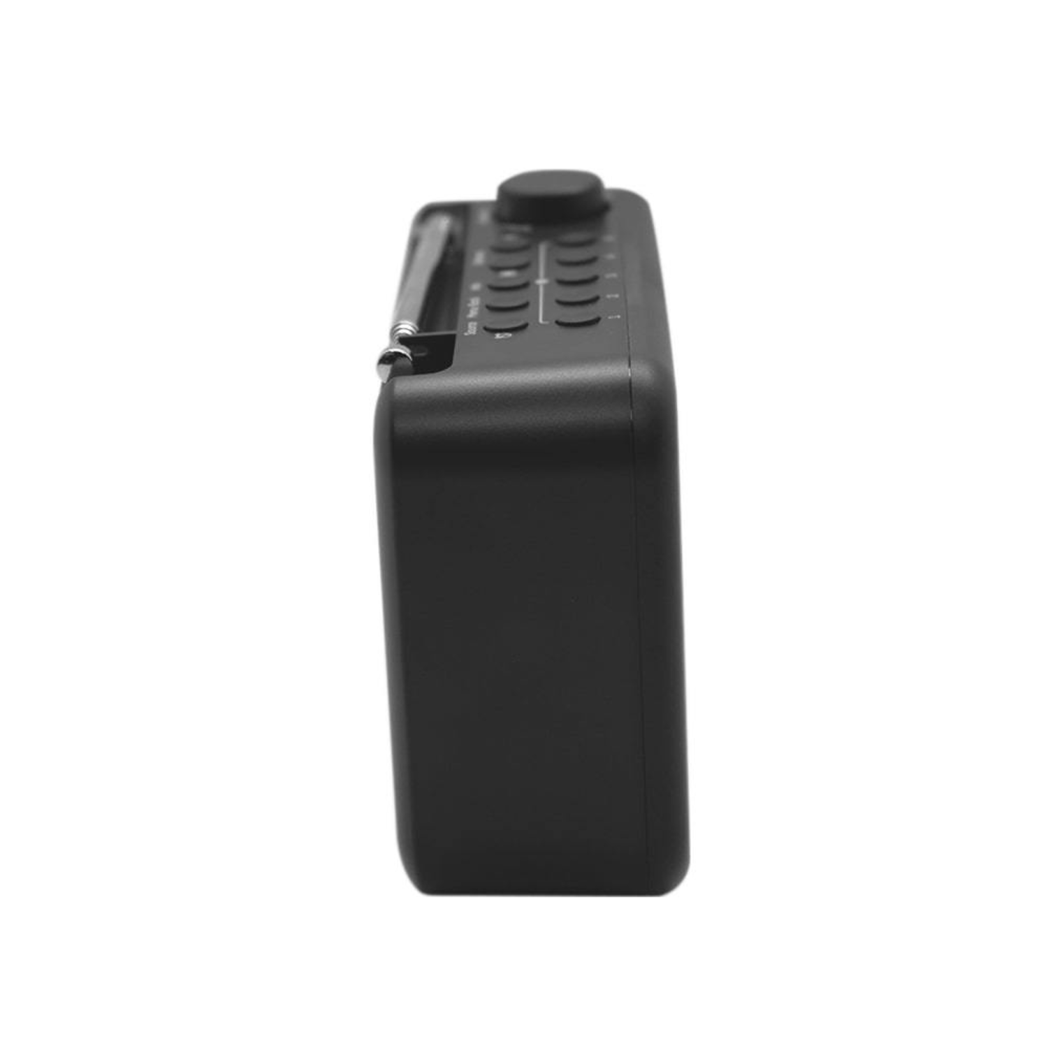 Side view of a black radio with buttons and an antenna.