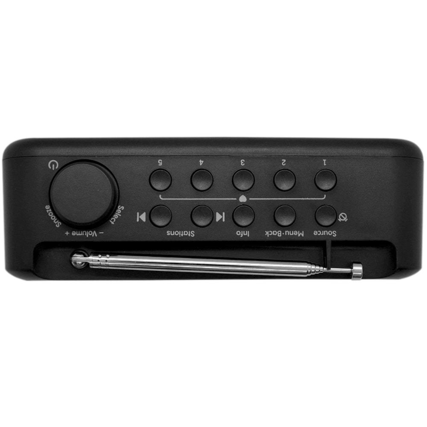 Black retro-style radio with buttons and a tuning dial; antenna is extended.