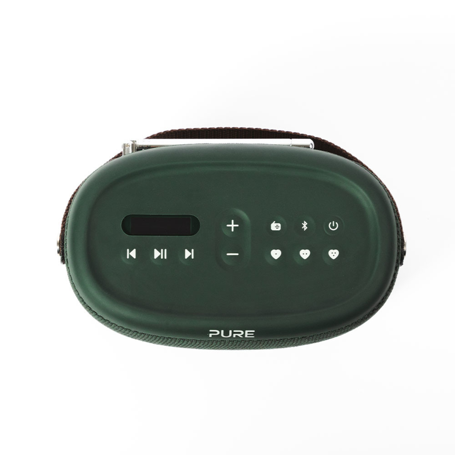 Groene draagbare radio met bedieningsknoppen en een scherm op een witte achtergrond.