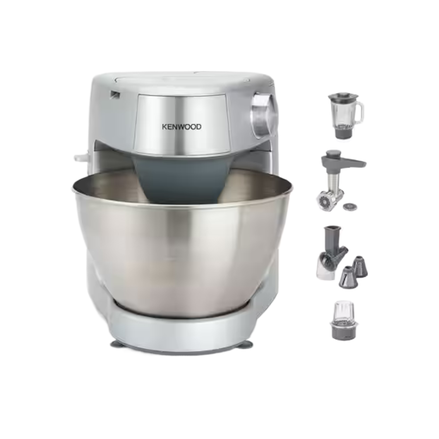 Kenwood keukenmachine met kom en accessoires: blender, molen en hakmolen.