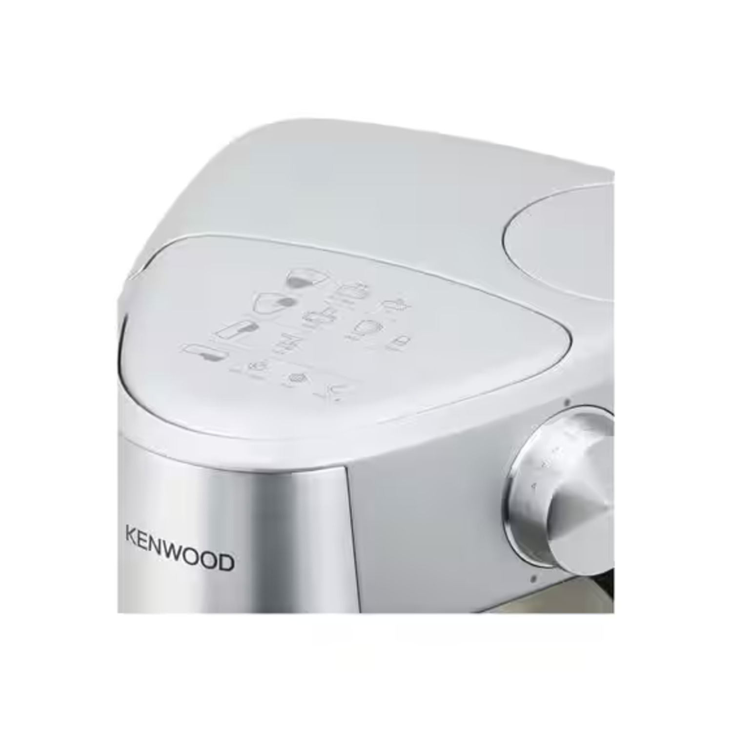 Close-up van een Kenwood keukenmachine, zilver en wit, knoppen zichtbaar.