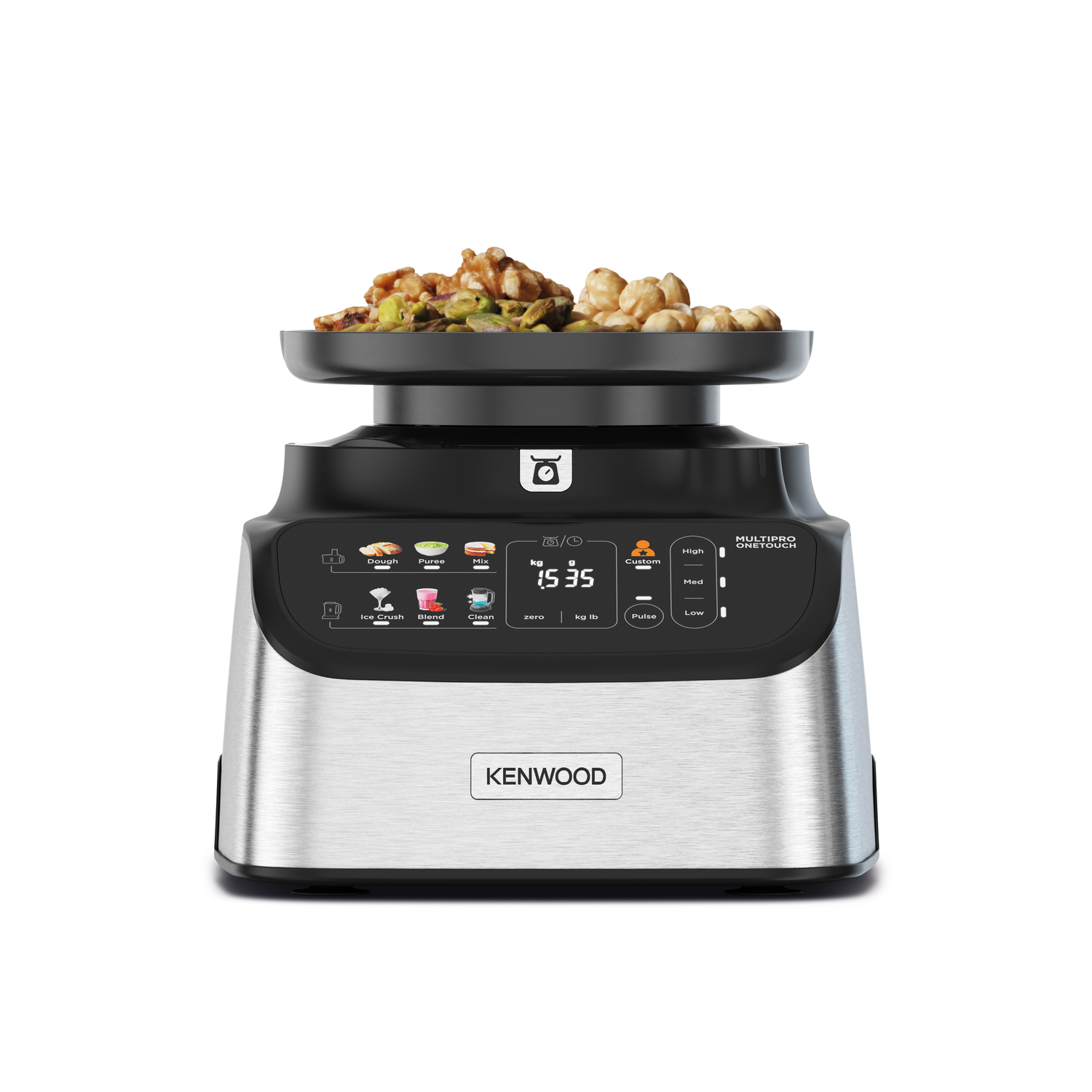 A Kenwood food processor with stainless steel finish and a bowl of food on top.
