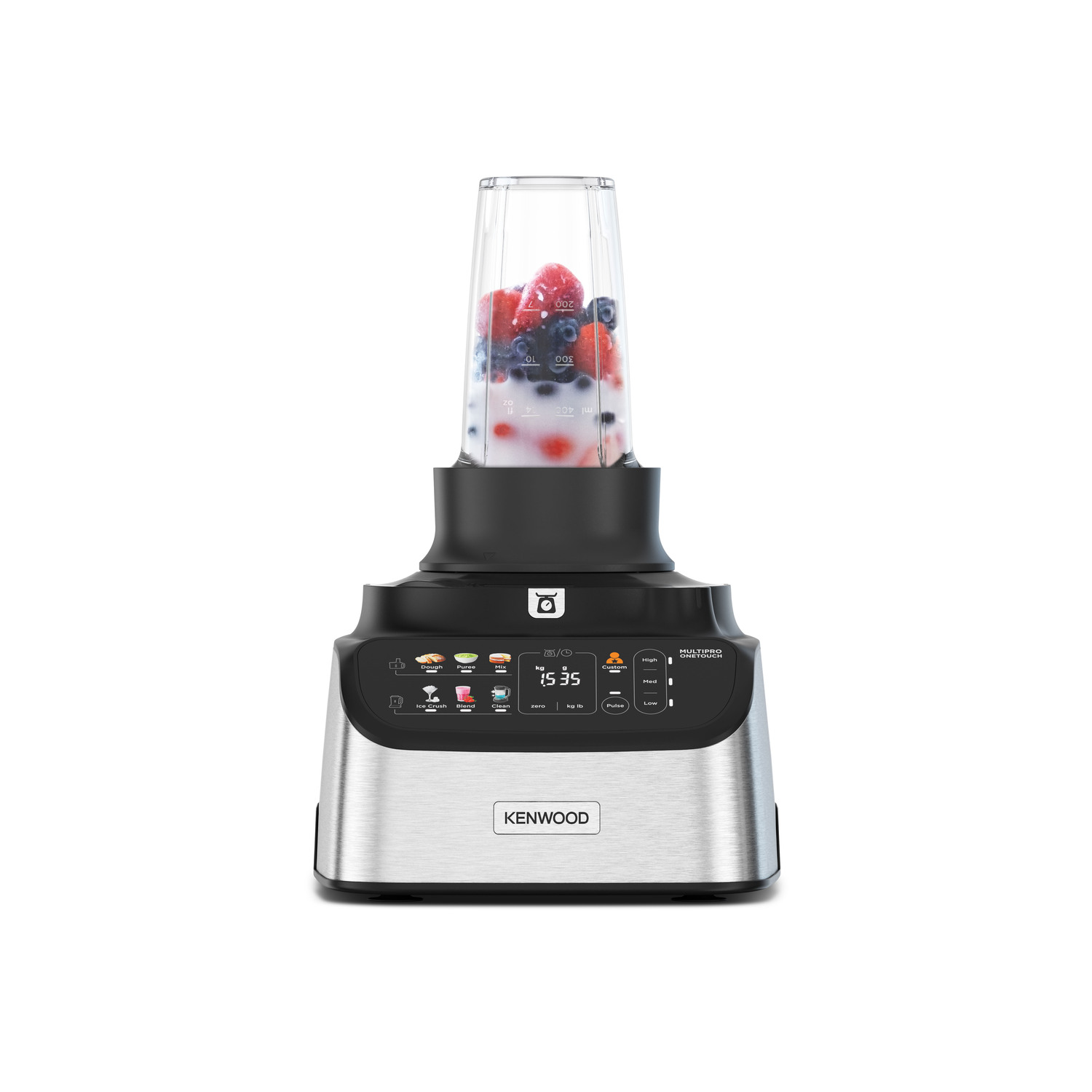 Blender with fruit inside a clear container, silver base.