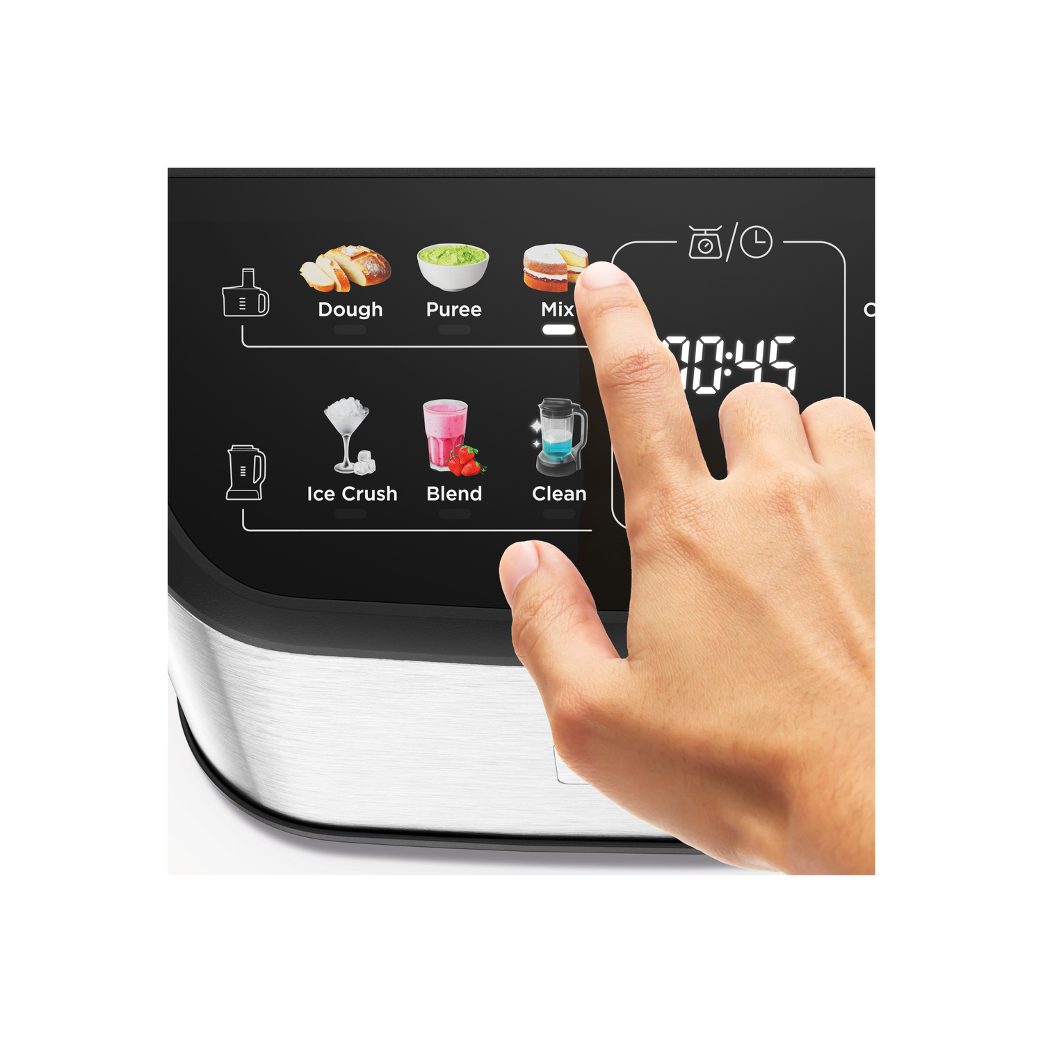 Hand touching a blender touch screen. Displays options: Dough, Puree, Mix, Ice Crush, Blend.