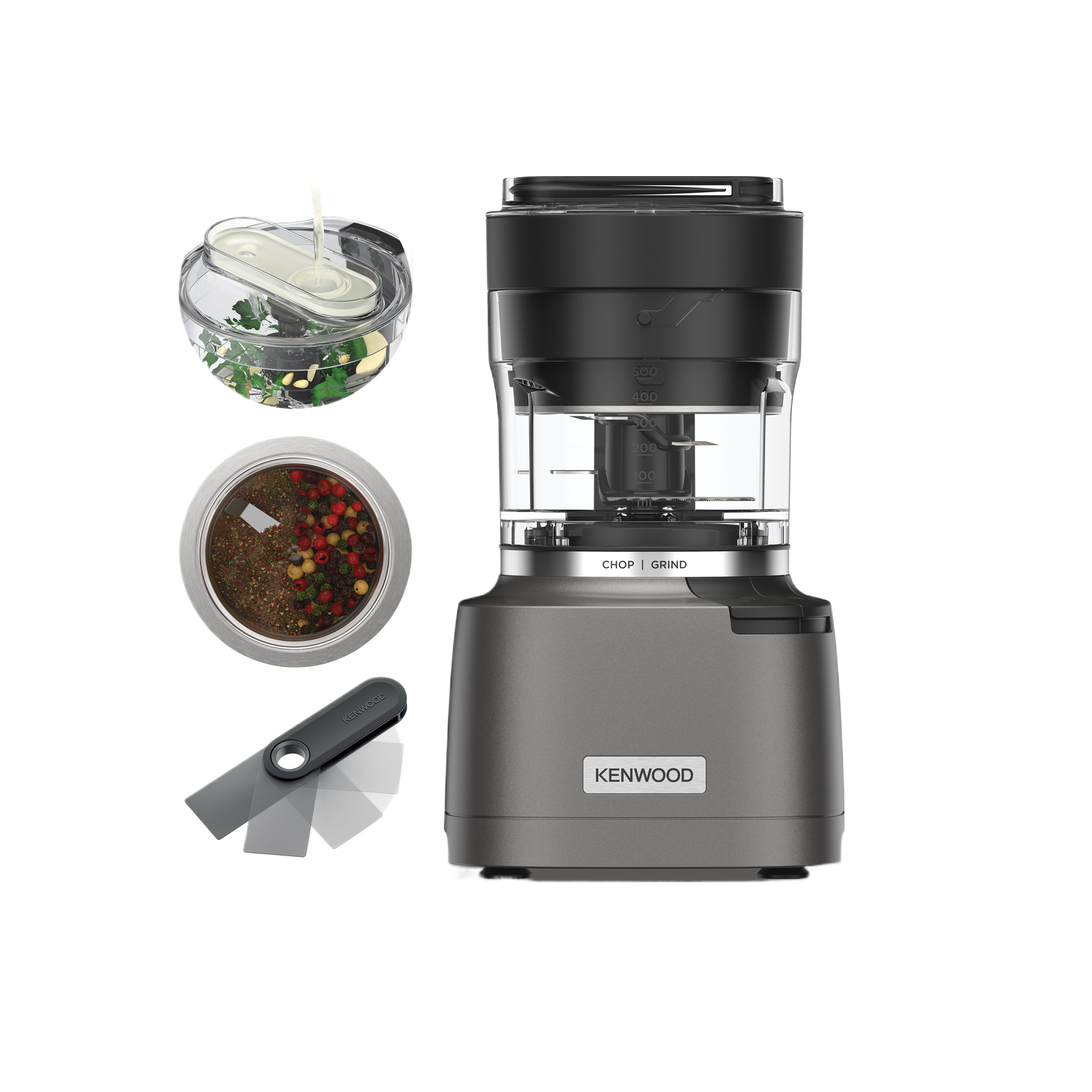 Kenwood keukenmachine met accessoires: bakje met peterselie, pepers en hakmolen.