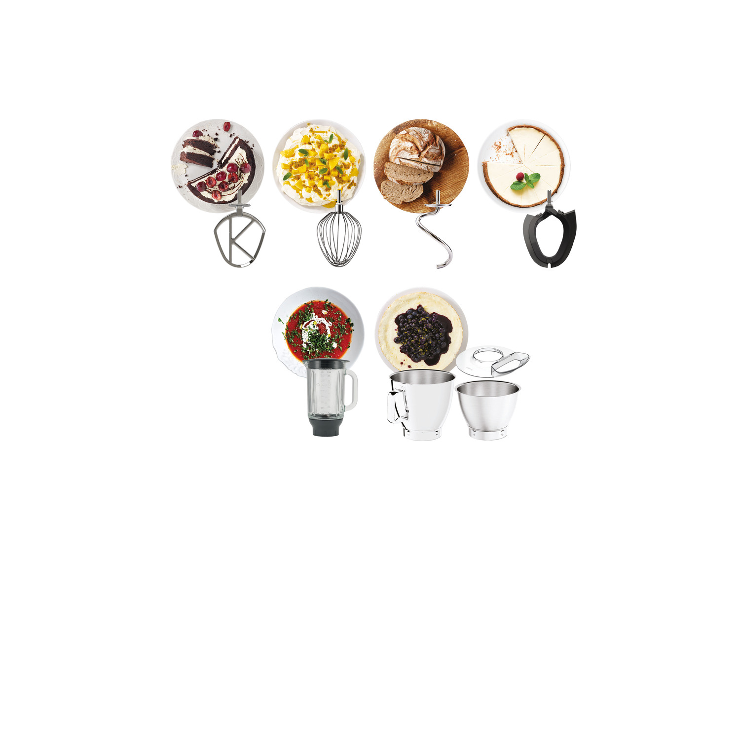 Assortiment van voedsel en keukengerei op een witte achtergrond.