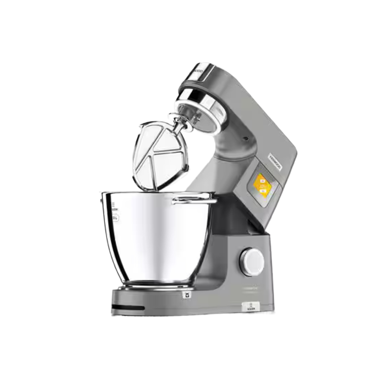 Un batteur Kenwood gris avec un bol en métal et des accessoires sur fond noir.
