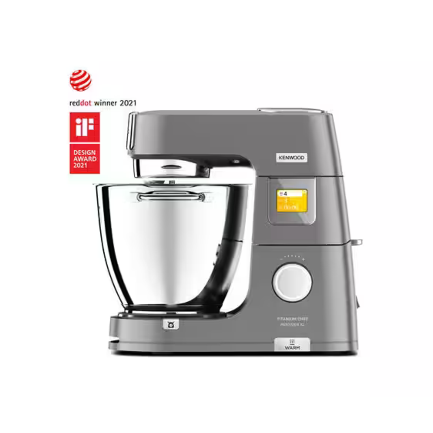 Un robot culinaire Kenwood gris avec deux prix de design et un écran numérique.