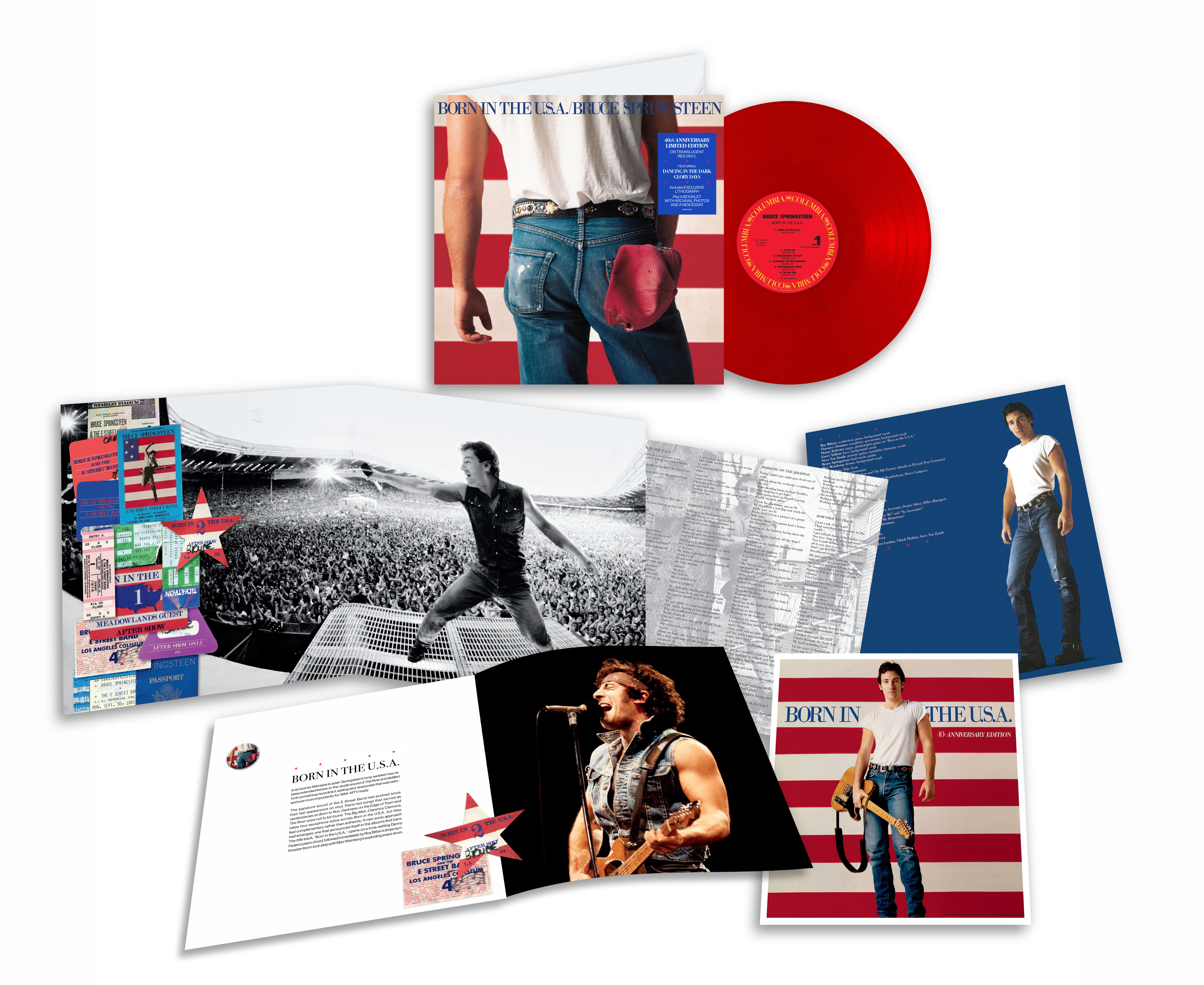 Vinyl-Schallplattenalbum, geöffnet, mit Bildern von Bruce Springsteen und Texten.