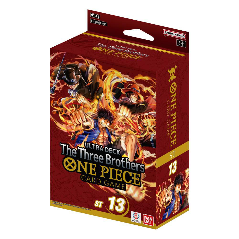 One Piece Kartenspielbox. Charaktere auf der Vorderseite. Rotes, schwarzes und gelbes Farbschema.