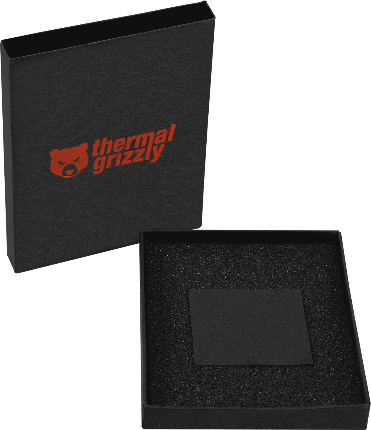 Schwarze Box mit rotem Bärenlogo und Text "thermal grizzly", enthält ein schwarzes quadratisches Objekt.