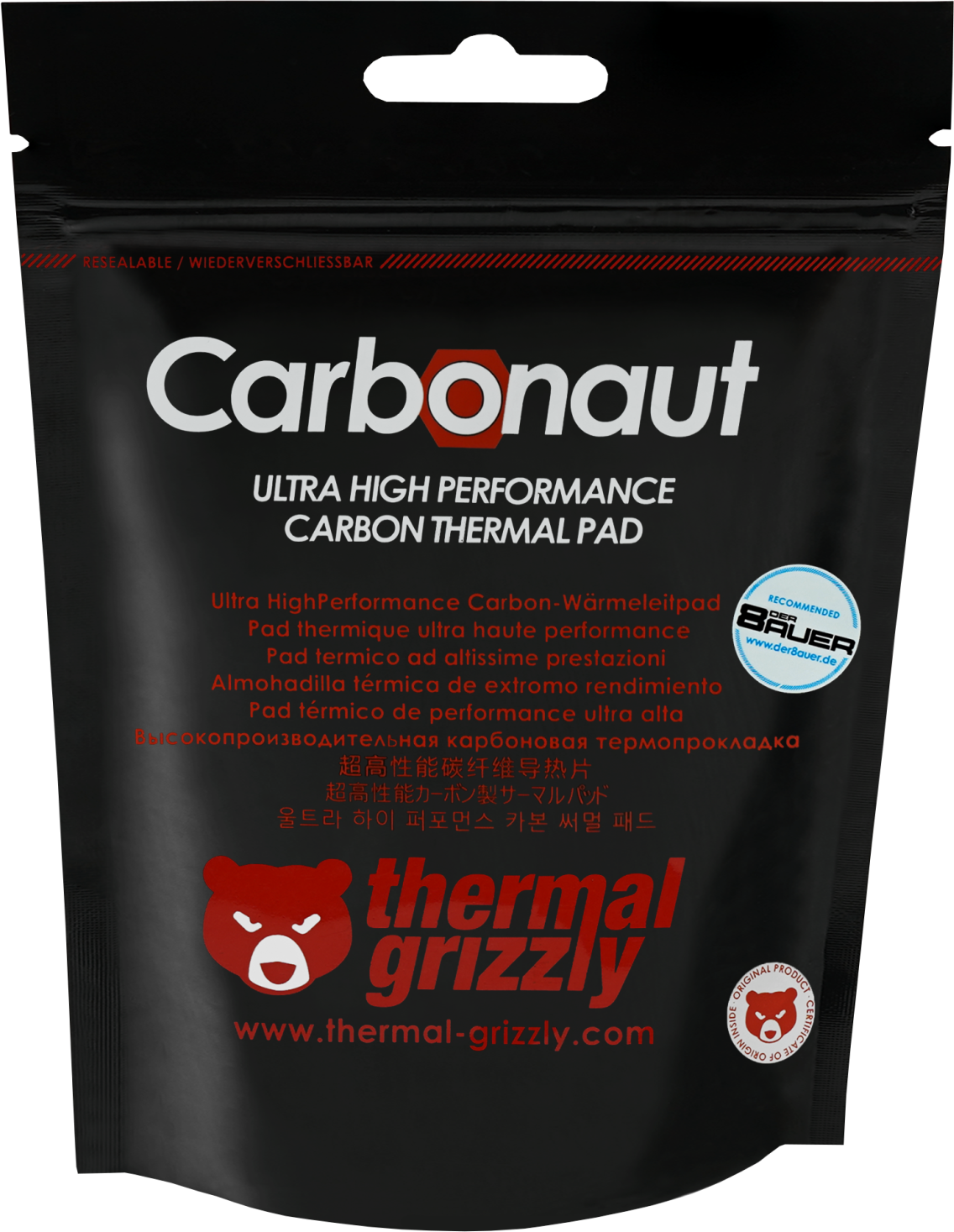 Carbonaut Wärmeleitpad-Verpackung, schwarz und rot. Bären-Logo, Text in mehreren Sprachen.