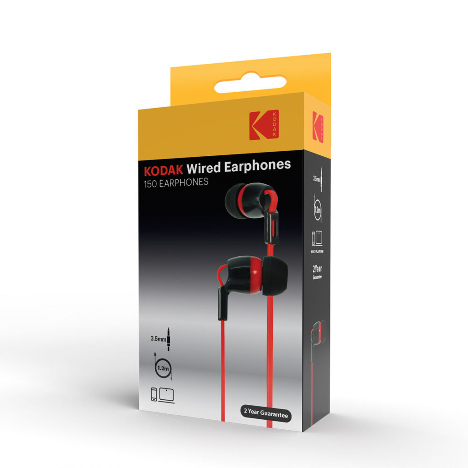 Box of KODAK Wired Earphones in a red and black color scheme with a 2-year guarantee.
