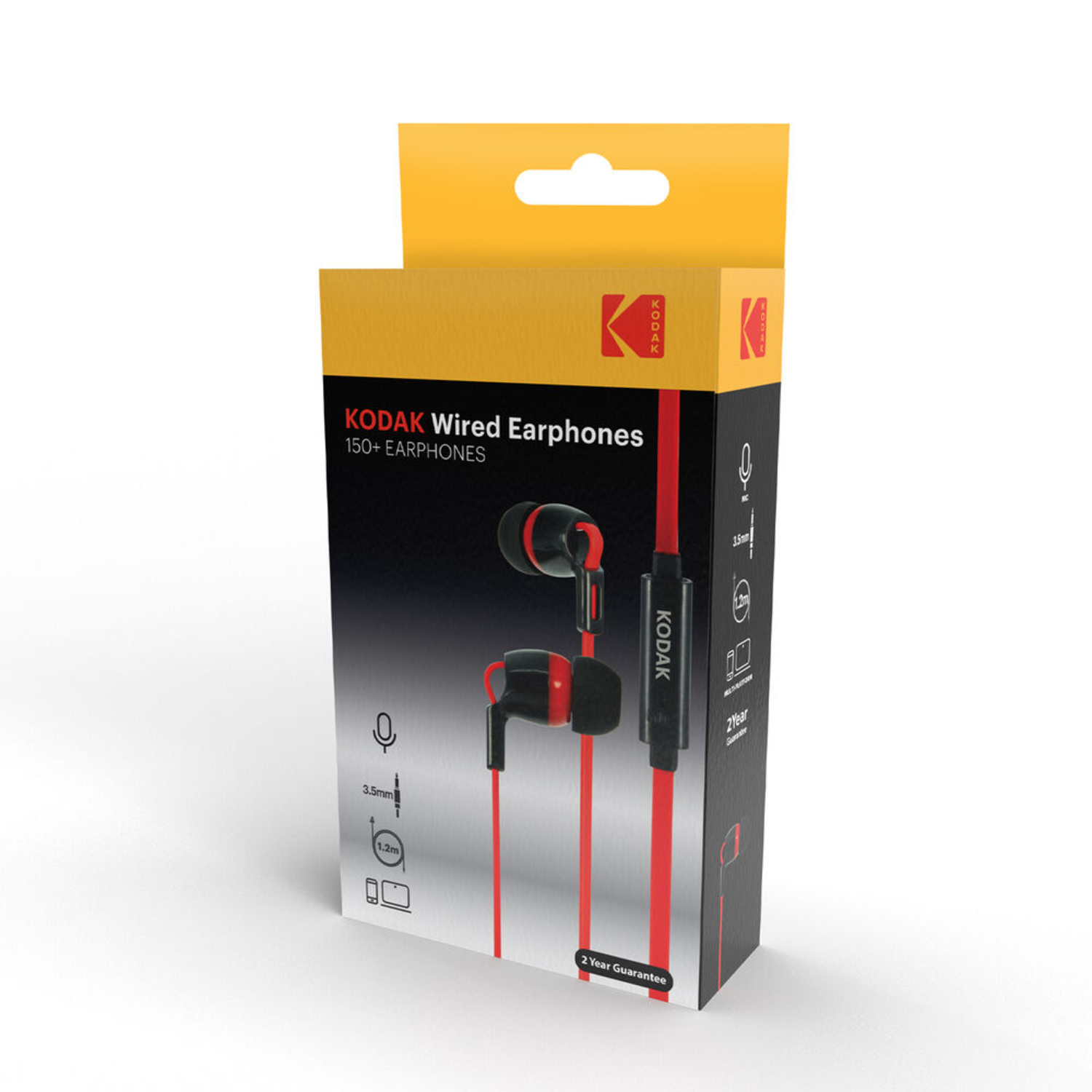 Kodak wired earphones box, black and red earphones visible, with a yellow top and a 2-year guarantee.