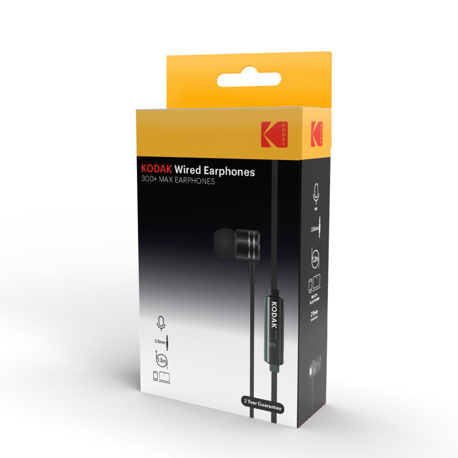 Kodak wired earphones in a package, white background.