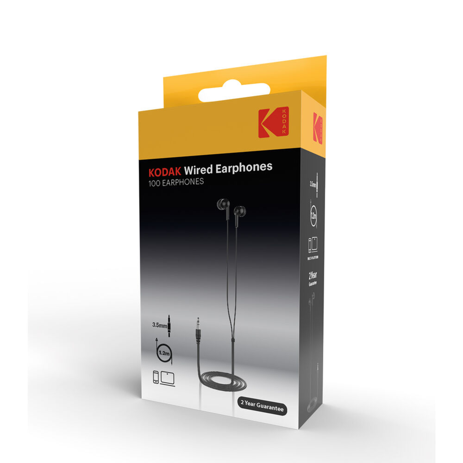Kodak wired earphones in a yellow and black box. White background. The box shows product details.