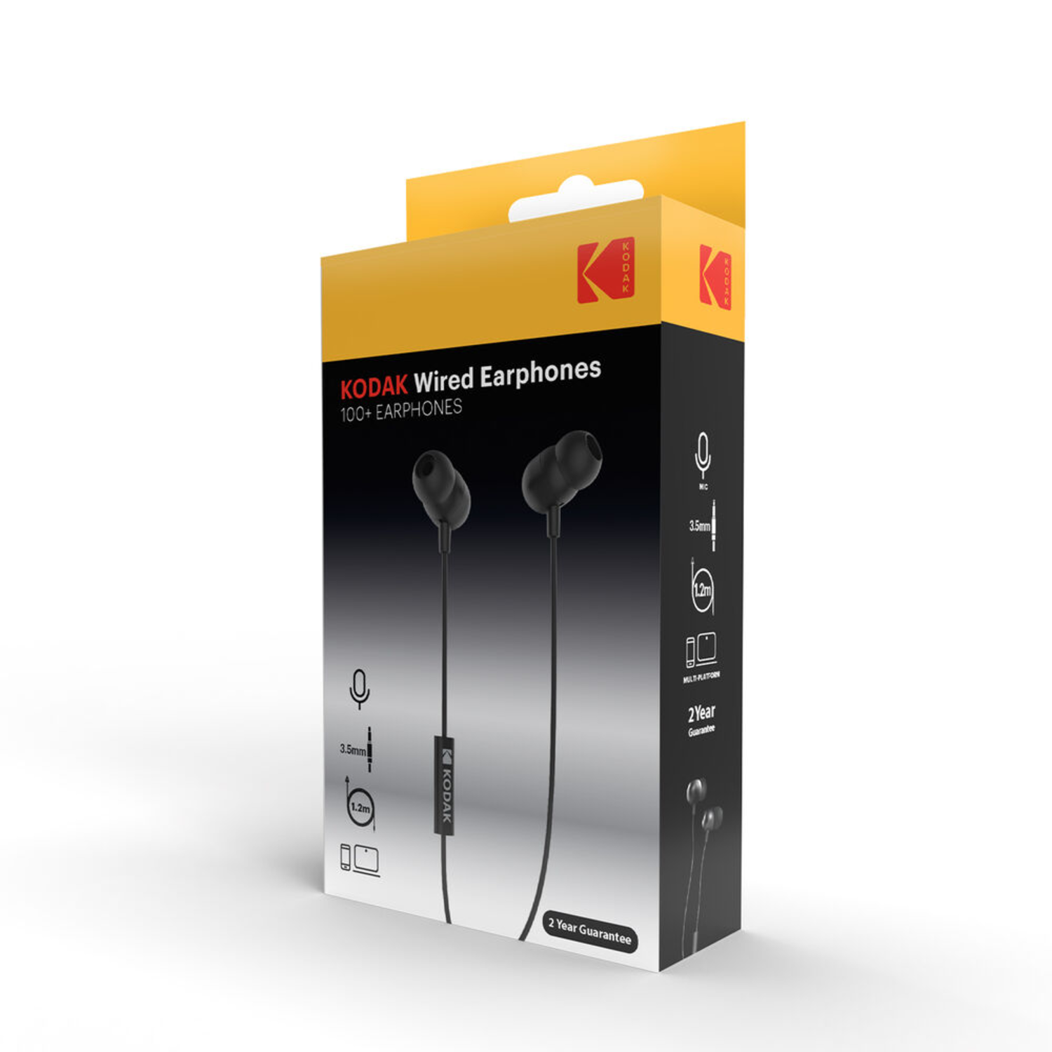 Kodak wired earphones box. The box is yellow and black with product details.