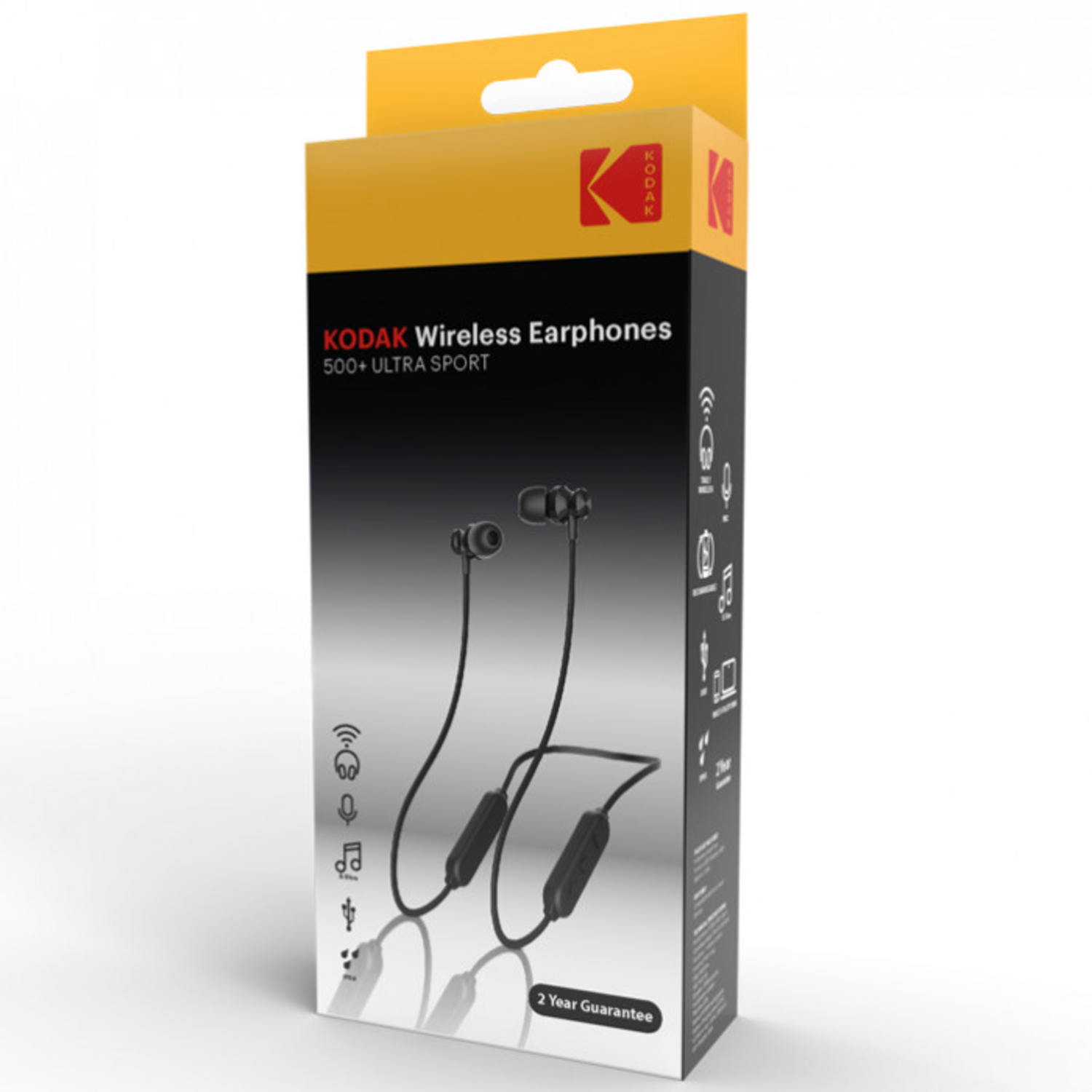 Kodak wireless earphones in a box. The box is yellow and black, with the product on display.