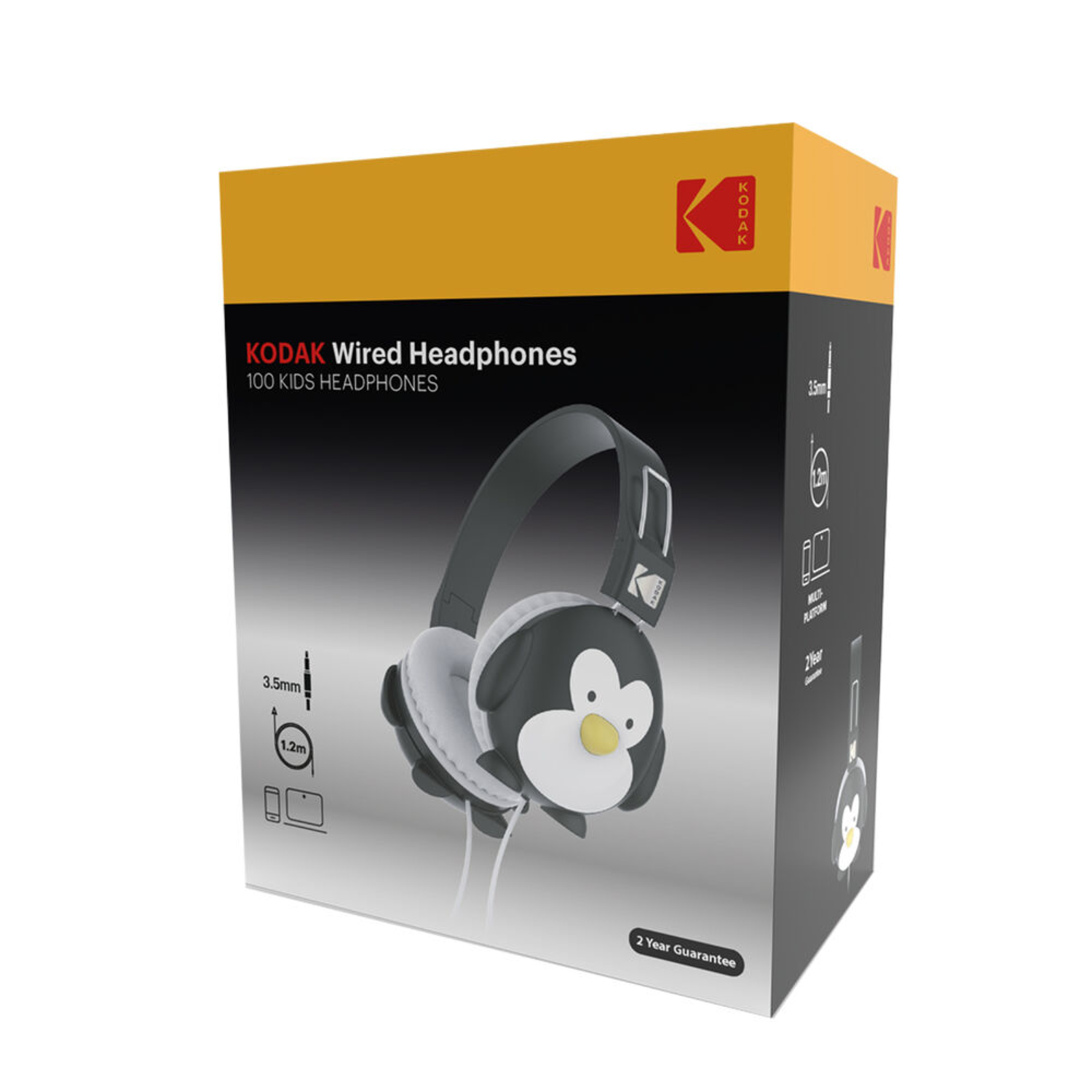 A Kodak box with a penguin-shaped headphones. The box reads 'Wired Headphones' and '100 Kids'.